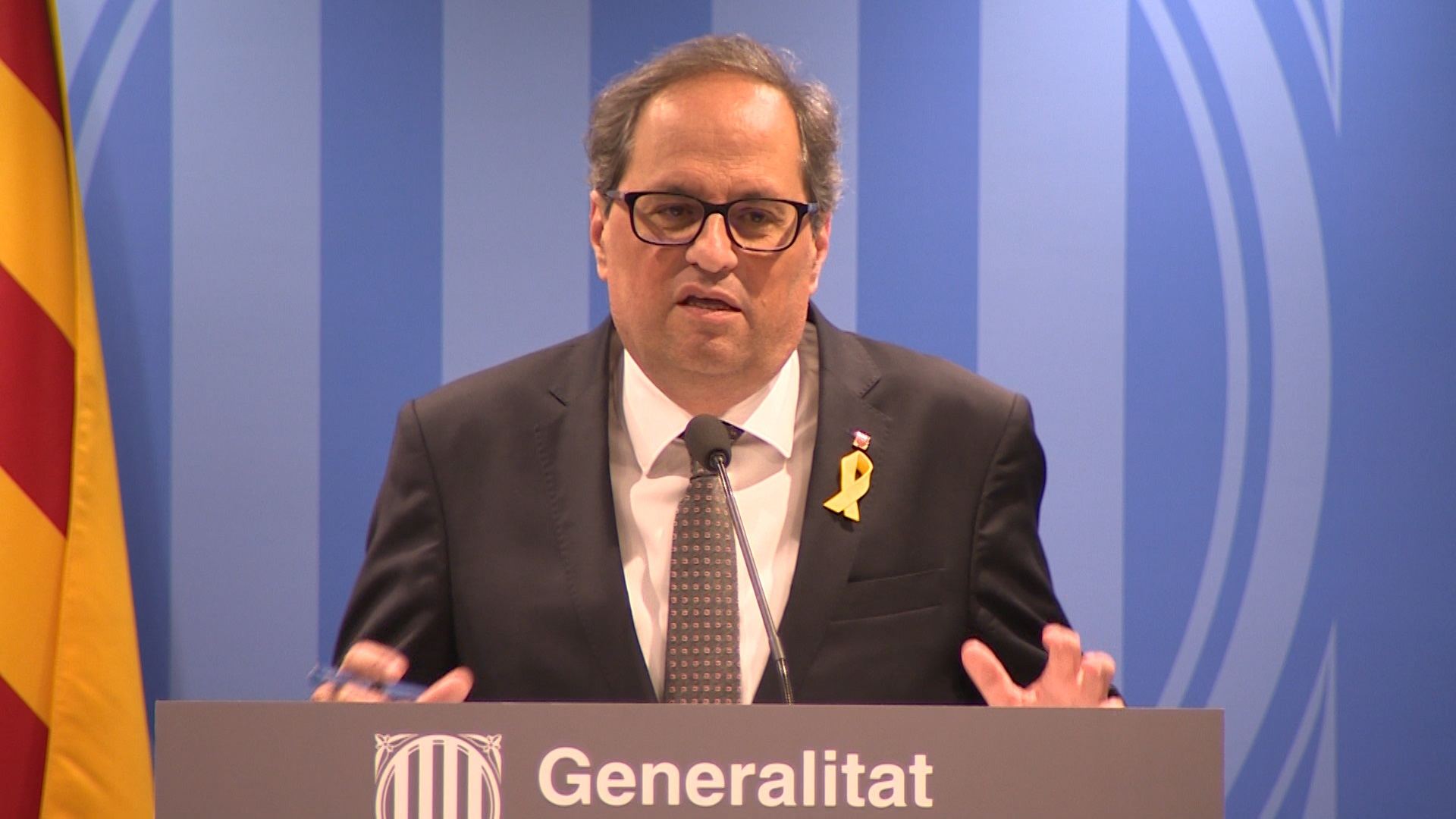 El presidente de la Generalitat de Cataluña, Quim Torra, durante una rueda de prensa ante los medios.