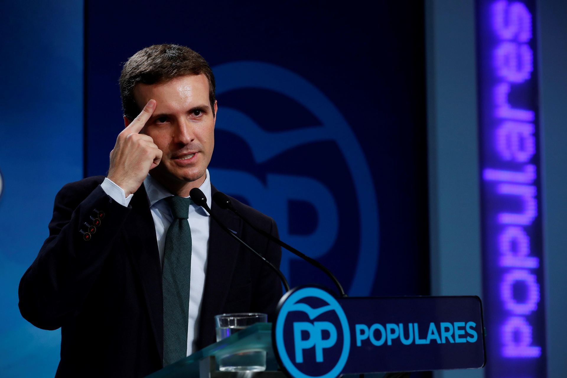El presidente del PP, Pablo Casado, durante su rueda de prensa.