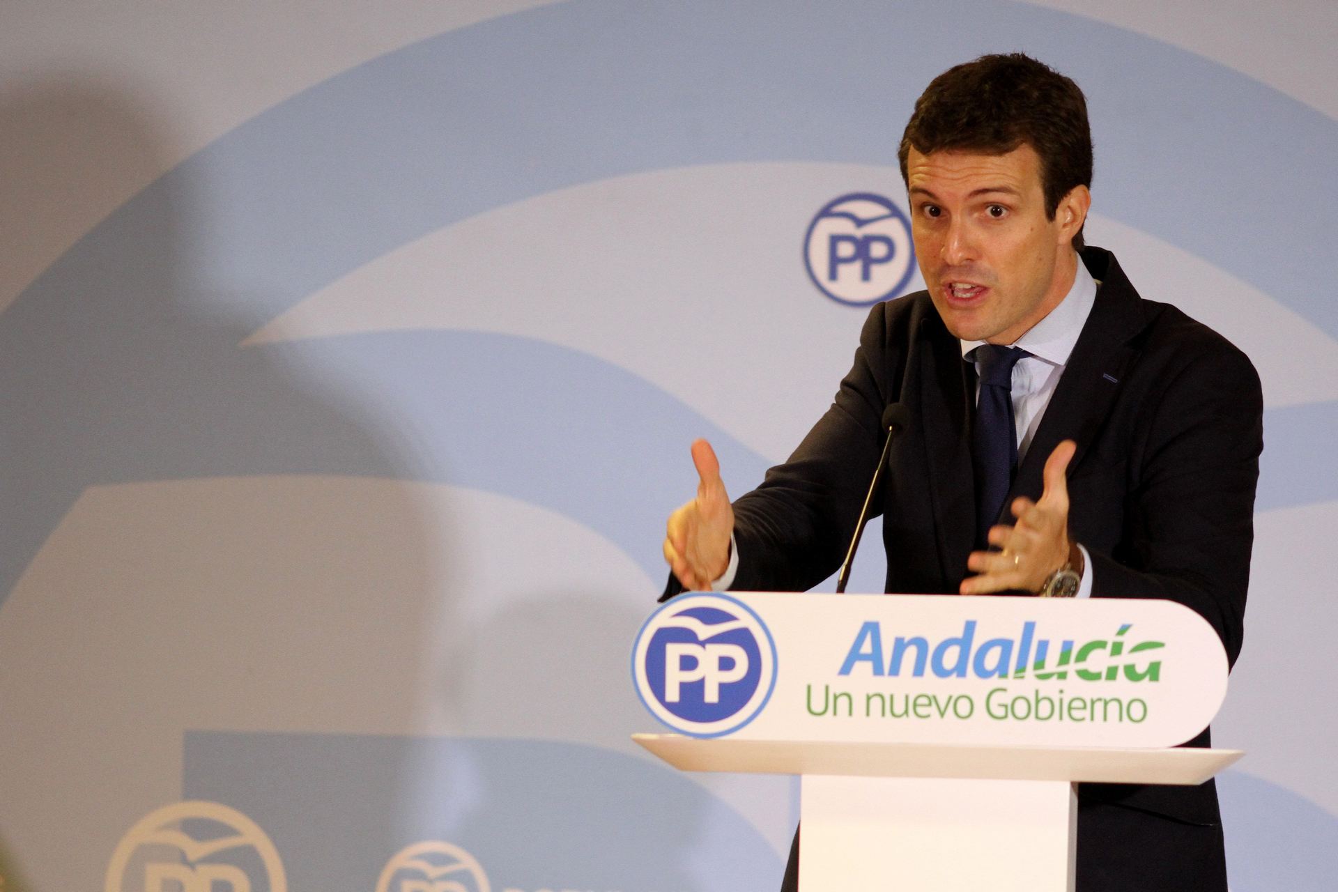 El presidente del PP, Pablo Casado, durante una rueda de prensa.