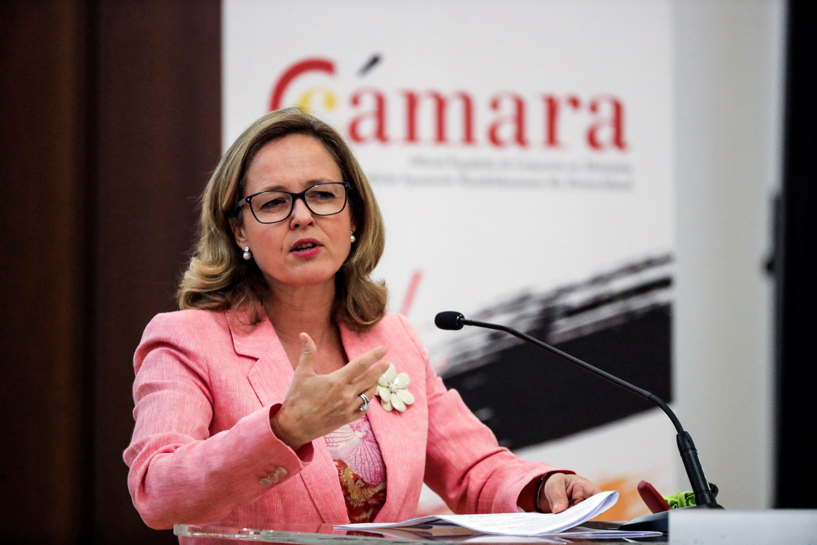 La ministra de Economía y Empresa, Nadia Calviño, durante su intervención en un evento en Frankfurt.
