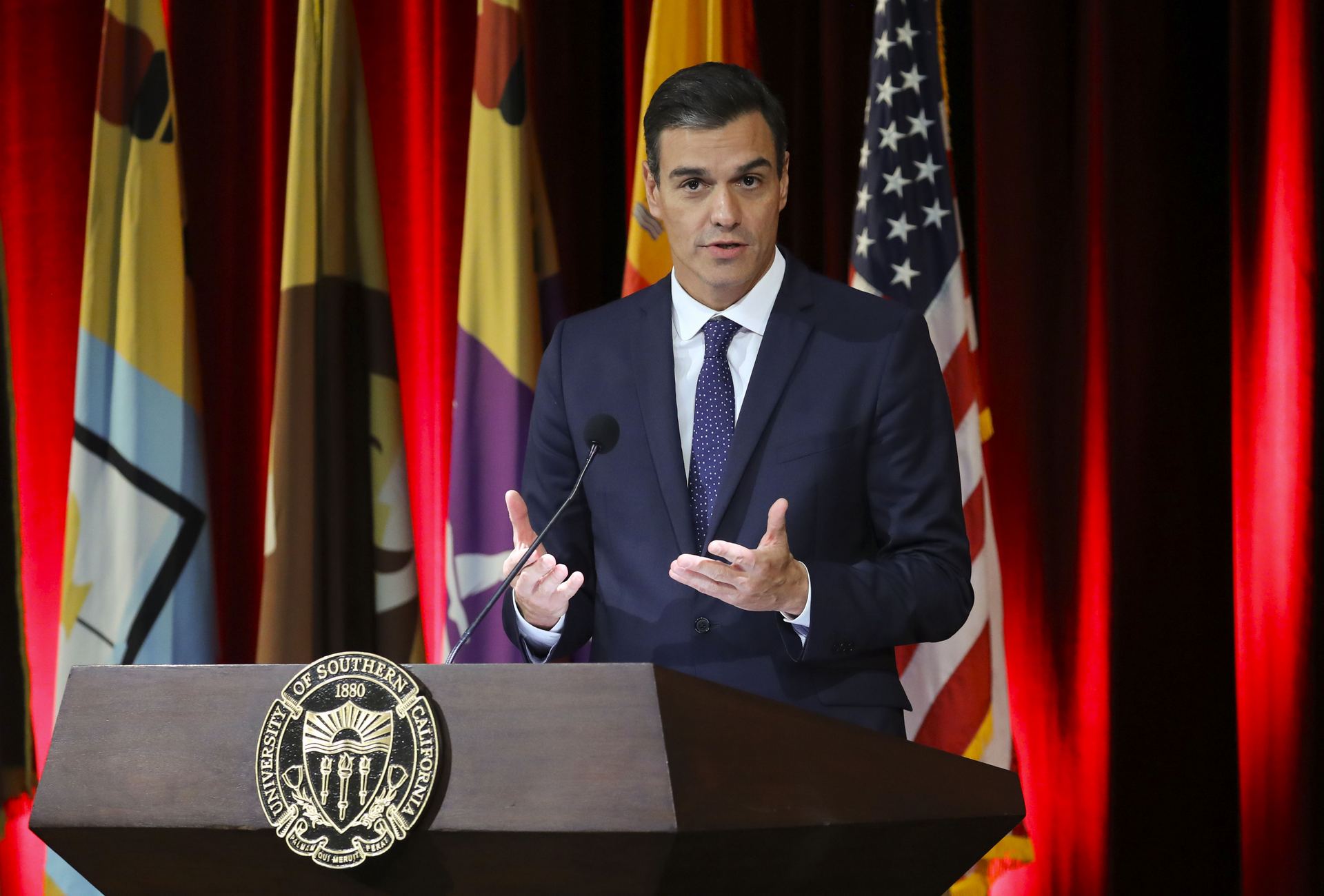 El presidente del Gobierno, Pedro Sánchez, interviene en el auditorio de la Universidad del Sur de California.