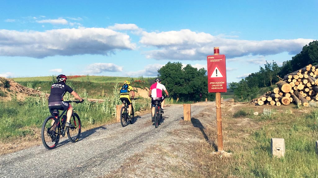 Un grupo de cicloturistas, en la Vía Verde Valle del Eresma. / el adelantado