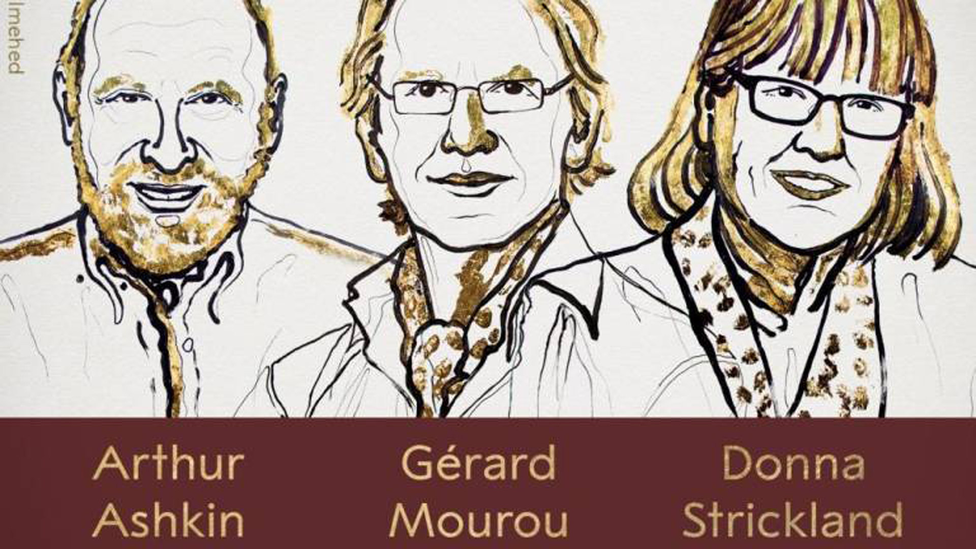 Los tres galardonados con el premio Nobel de Física, Arthur Ashin, Gérard Mourou y Donna Strickland.