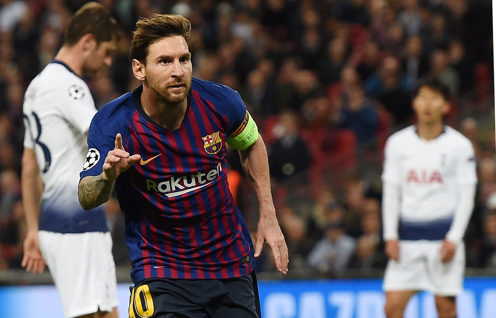 Messi celebra uno de sus goles ante el Tottenham en la victoria del Barça en Wembley.