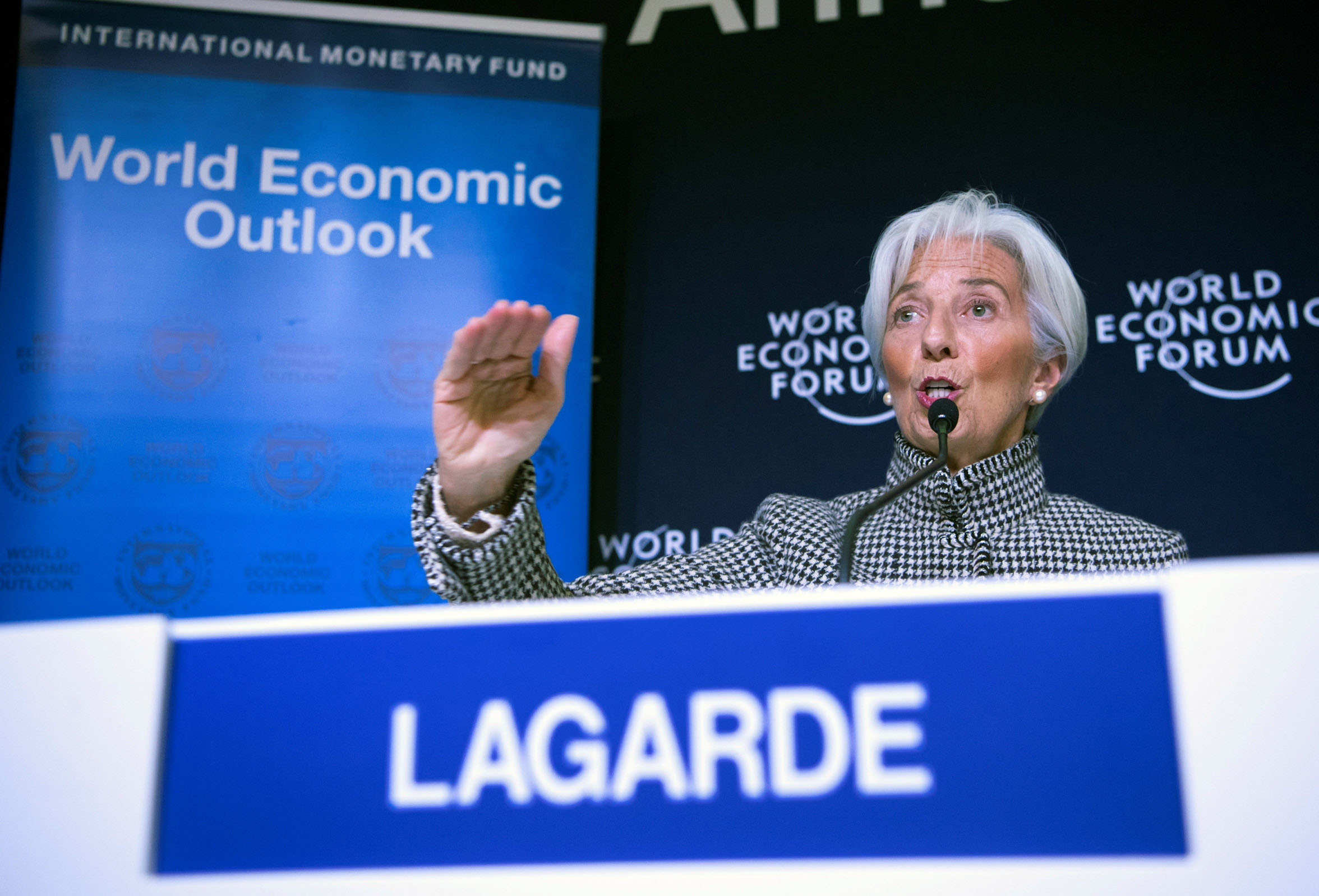 La directora gerente del Fondo Monetario Internacional, Christine Lagarde, durante la rueda de prensa en Davos.