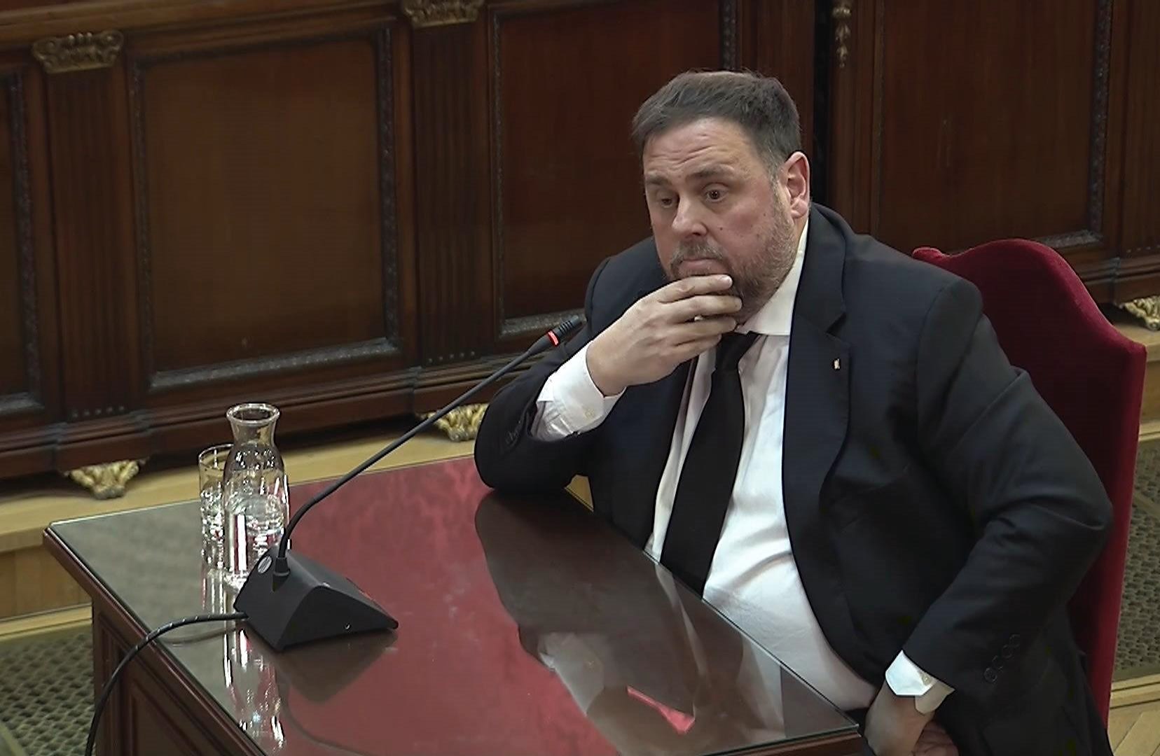 El exvicepresidente de la Generalitat y principal acusado, Oriol Junqueras, durante la tercera jornada del juicio del "procés".