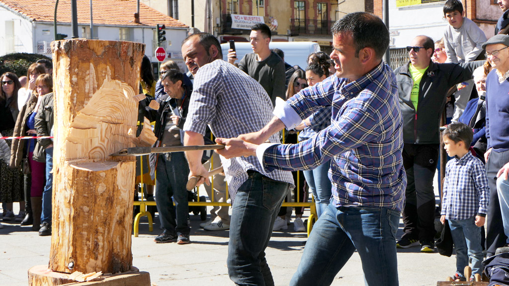 Los cortadores del Cristo del Caloco dieron una buena muestra ayer en la Plaza de Castilla de San Rafael, de los que es trabajar con la madera. / josé redondo
