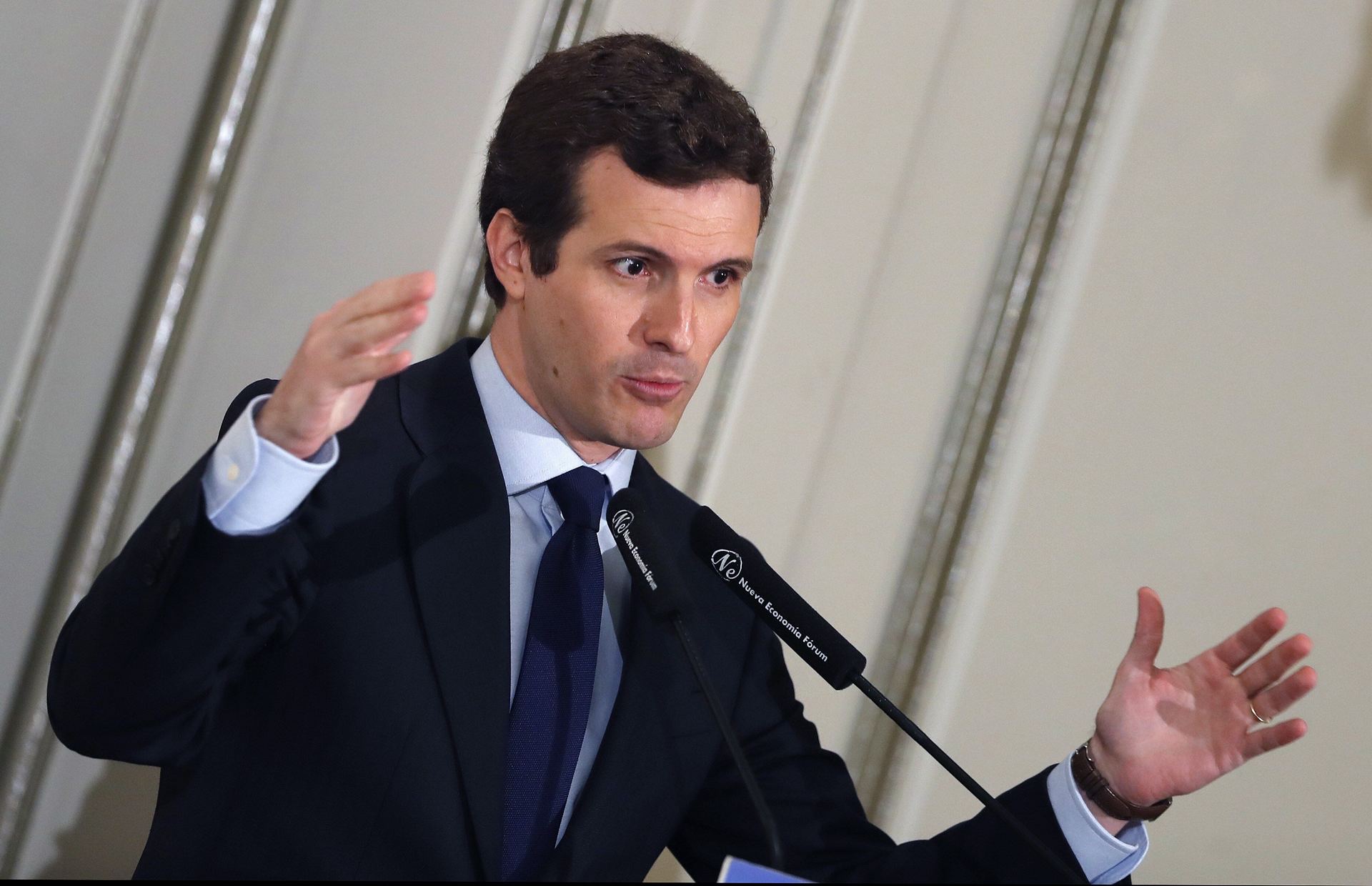 El presidente del PP, Pablo Casado, en su intervención.