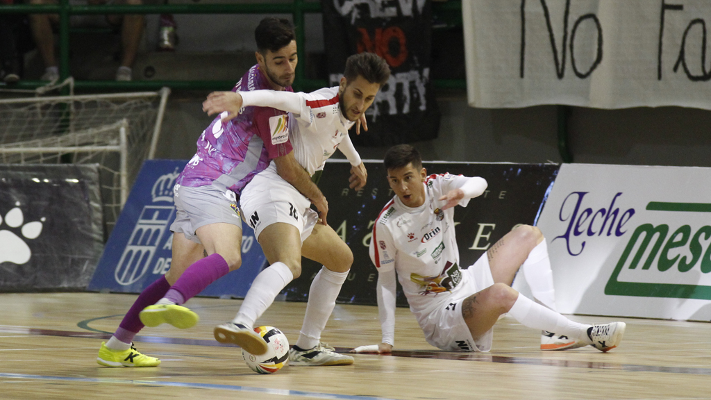 El ala del Naturpellet Segovia Álex Fuentes controla un balón ante el jugador del Palma Futsal Eloy Rojas, mientras Nico Rolón trata de levantarse. / NEREA LLORENTE