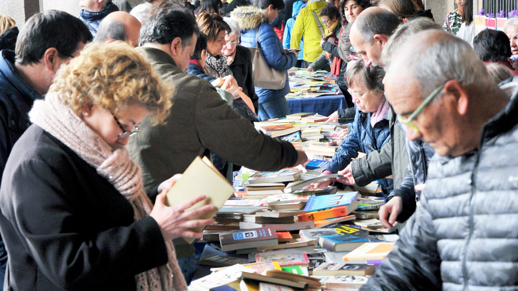 Vecinos y turistas intercambian libros en los soportales de la Plaza Mayor. / Kamarero