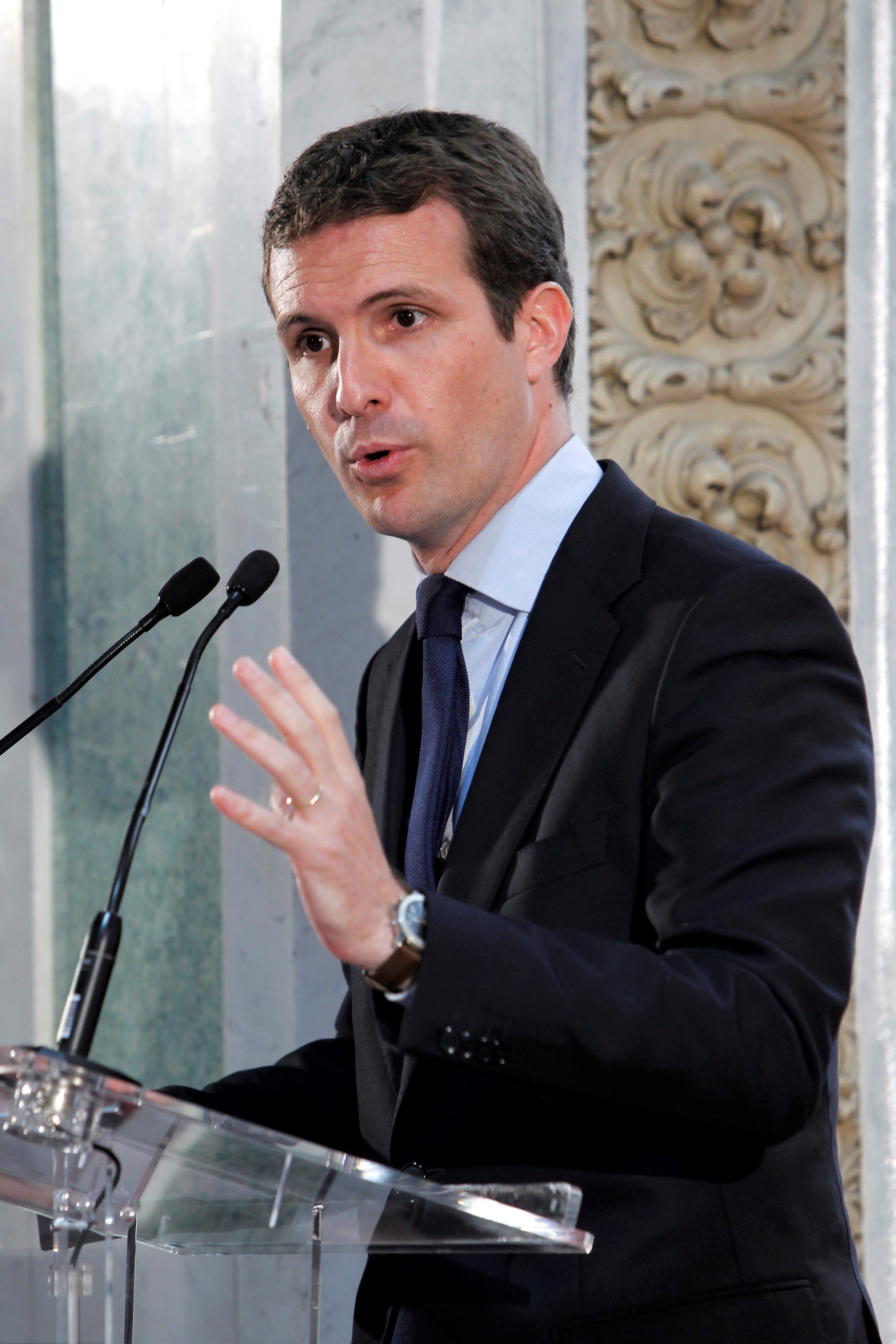 El presidente del PP, Pablo Casado, durante su intervención en un almuerzo informativo.