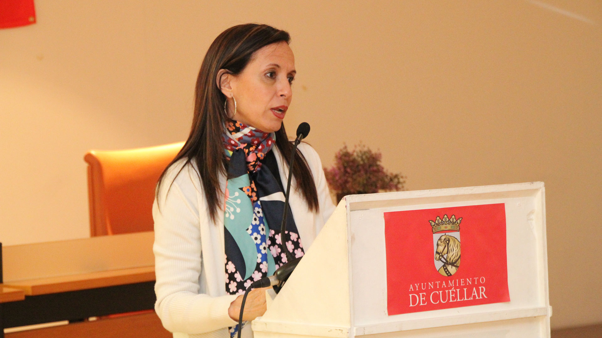 Beatriz Corredor en su intervención en el mitin de la Biblioteca Municipal de Cuéllar. / c.n.