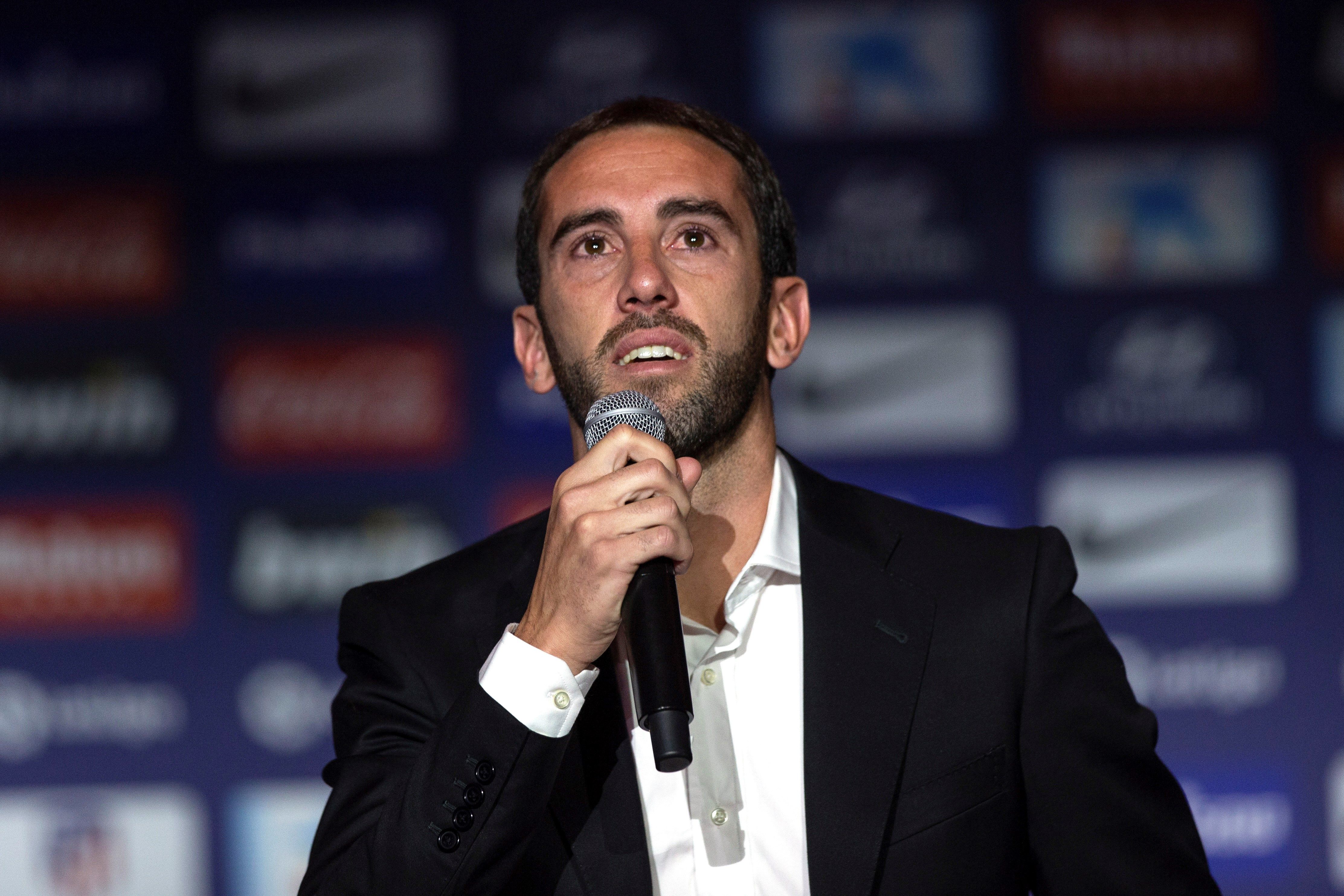 El defensa uruguayo del Atlético de Madrid Diego Godín durante la rueda de prensa celebrada en el Estadio Wanda Metropolitano de Madrid.
