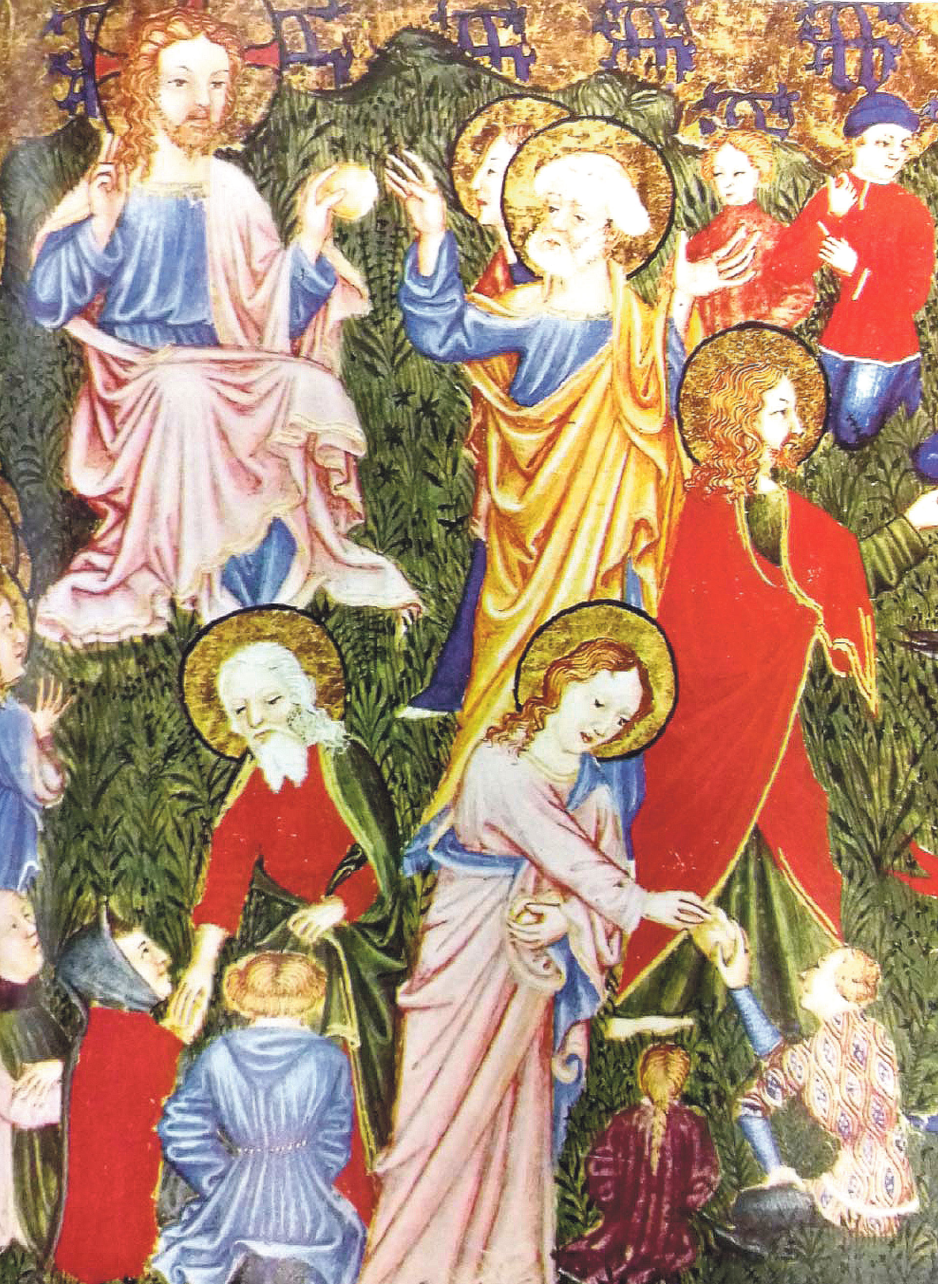 Milagro de la multiplicación de los panes y de los peces (Lc 9, 11-17). Breviario y Misal franciscanos, Biblioteca Nacional Francesa.