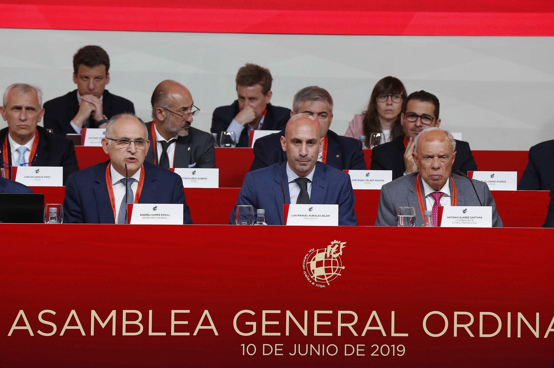 El presidente de la RFEF, Luis Rubiales (c), durante la Asamblea General Ordinaria que la Federación celebró ayer. / EFE