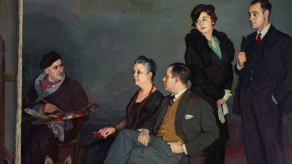 Oleo de ‘La familia del pintor’ (1937), una de las obras de mayor formato de la exposición que puede verse en el Museo de Bellas Artes de Bilbao hasta el 20 de octubre y que está cedida por el Museo Zuloaga de Pedraza.