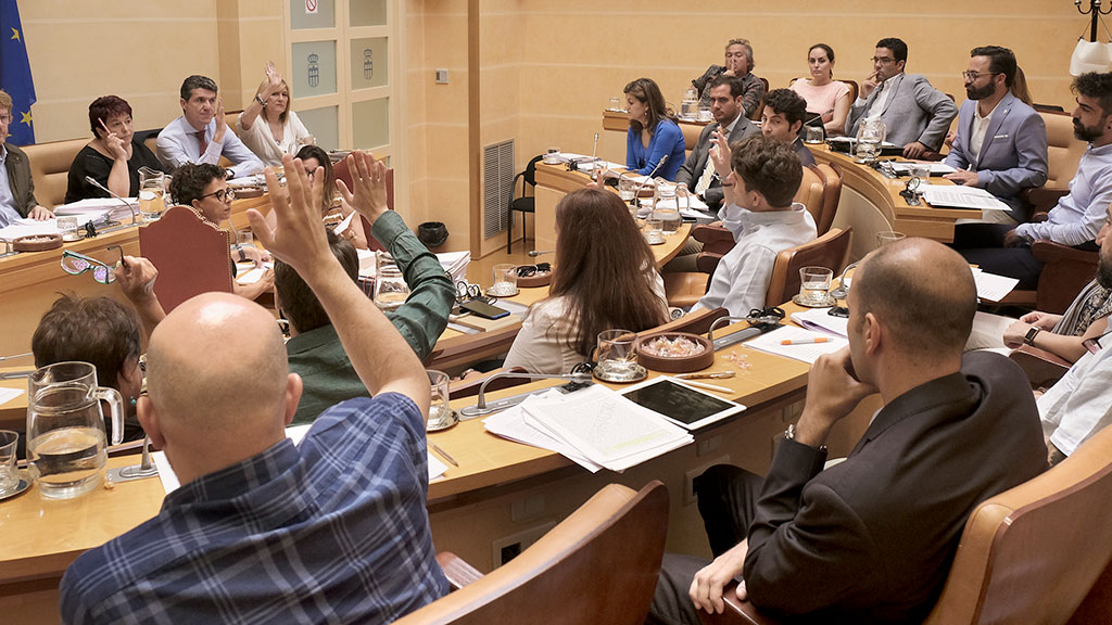 Los concejales del pleno municipal votan a mano alzada sobre uno de los puntos de la sesión ordinaria celebrada este viernes. / Kamarero