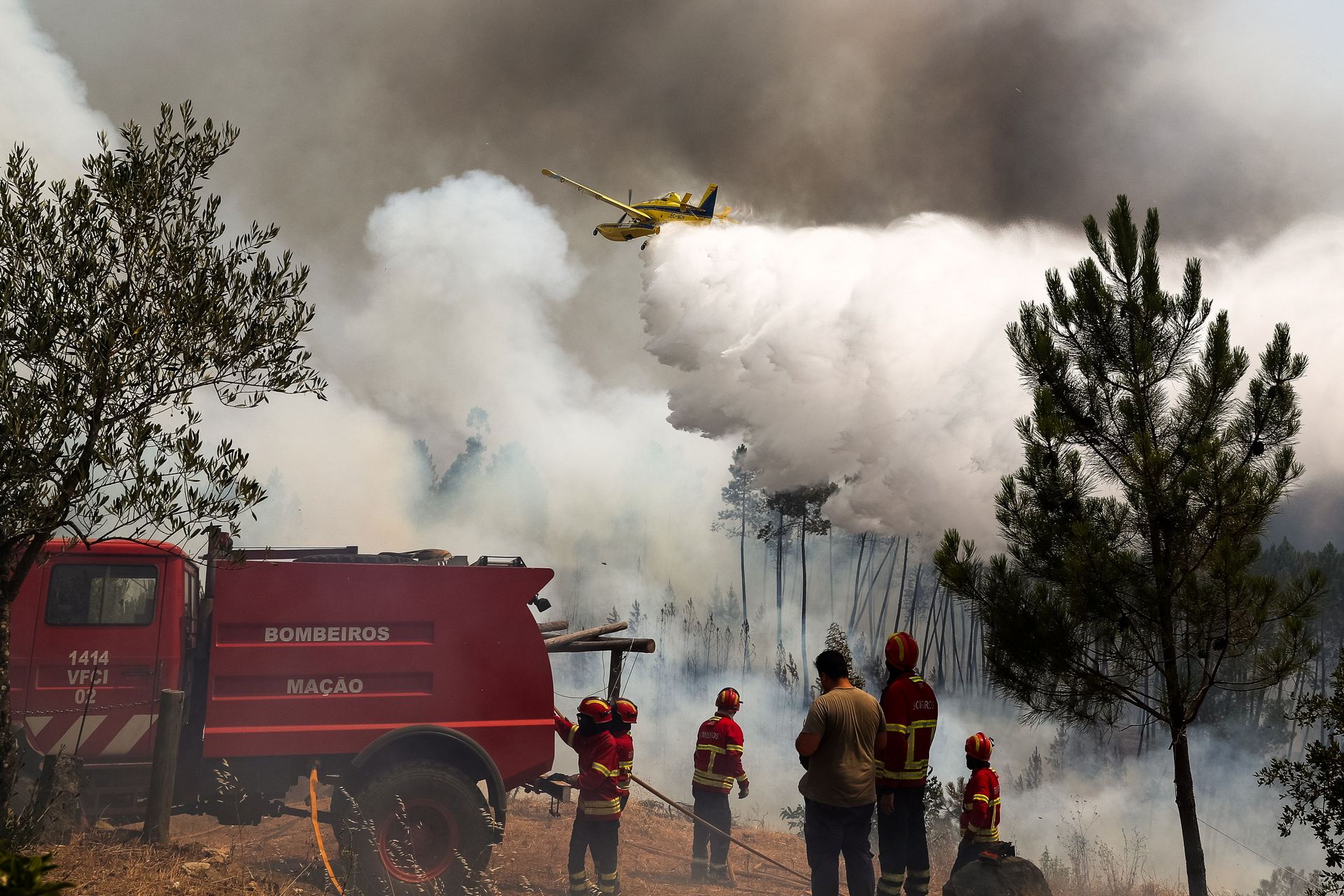 Varios bomberos y un avión cisterna intentan extinguir un incendio en Sarnadas, cerca de Macao, en Portugal.