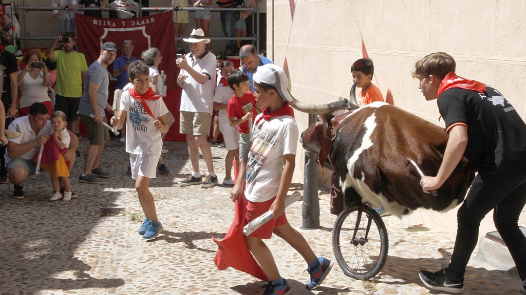 Los más jóvenes de la casa ejercieron de corredores ante los 'toros' de los Tirotateiros y cantaron a al patrón por su suerte en la tarea. / Nerea Llorente