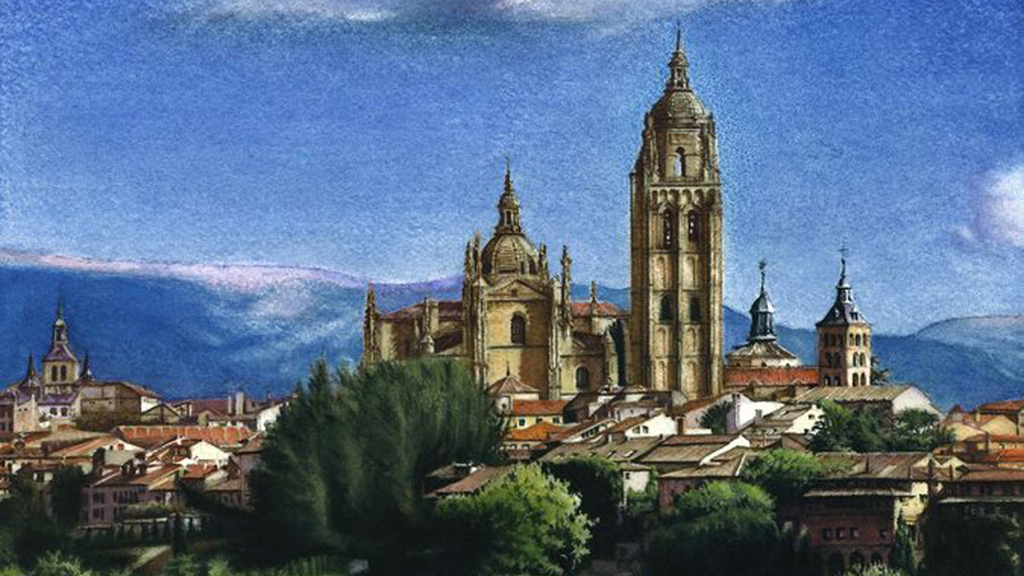 Las pinturas a la acuarela de Carlos Miguelsanz se exponen en la Biblioteca Pública de Segovia. / E.A.