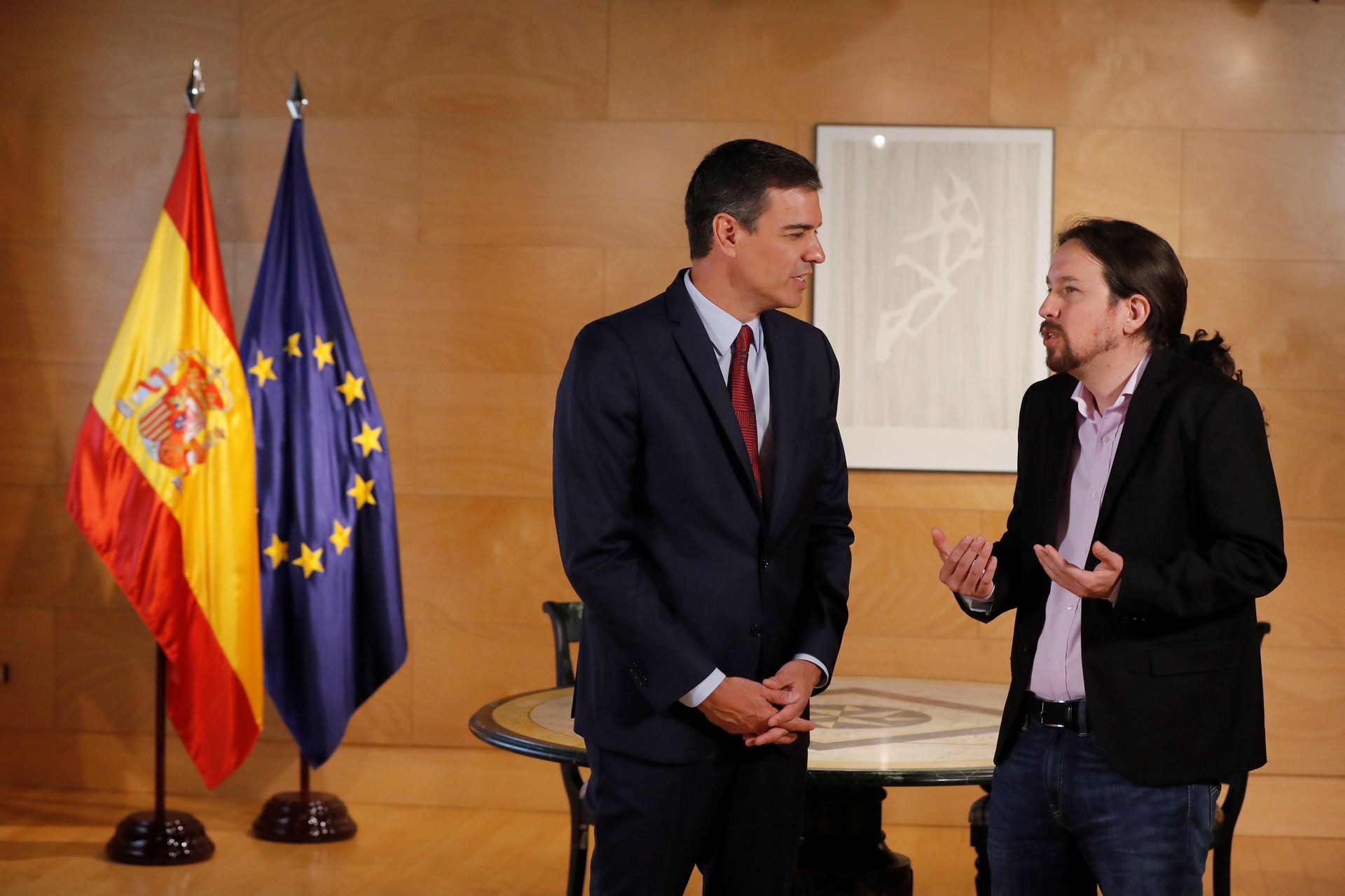 Pedro Sánchez y Pablo Iglesias durante sus negociaciones previas. / EFE