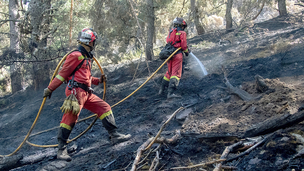 Miembros del operativo de extinción enfrían el terreno quemado en la Sierra de Guadarrama. / EFE
