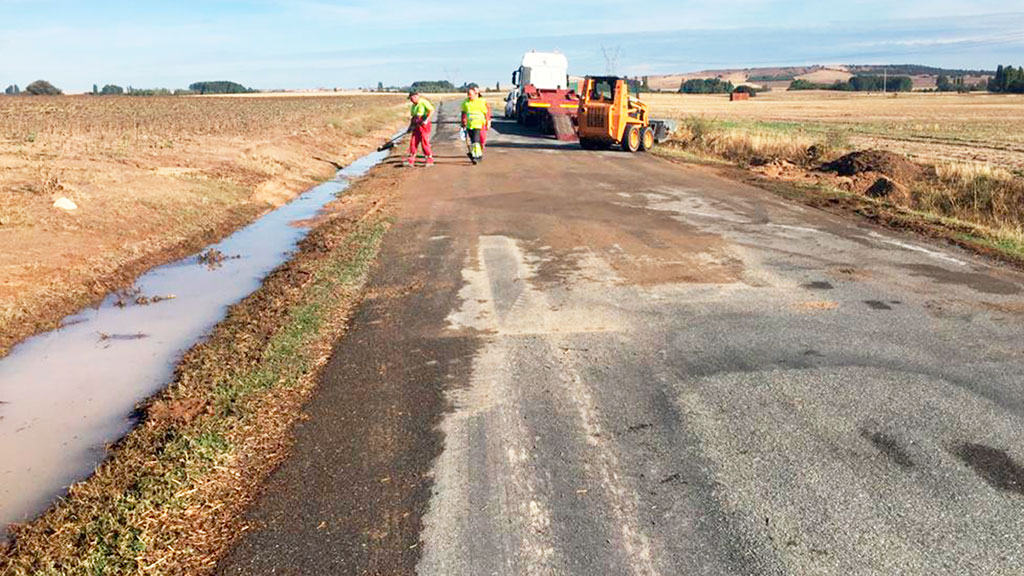 Uno de los equipos del servicio de vías y obras de la Diputación, realizando ayer tareas de limpieza. / El Adelantado