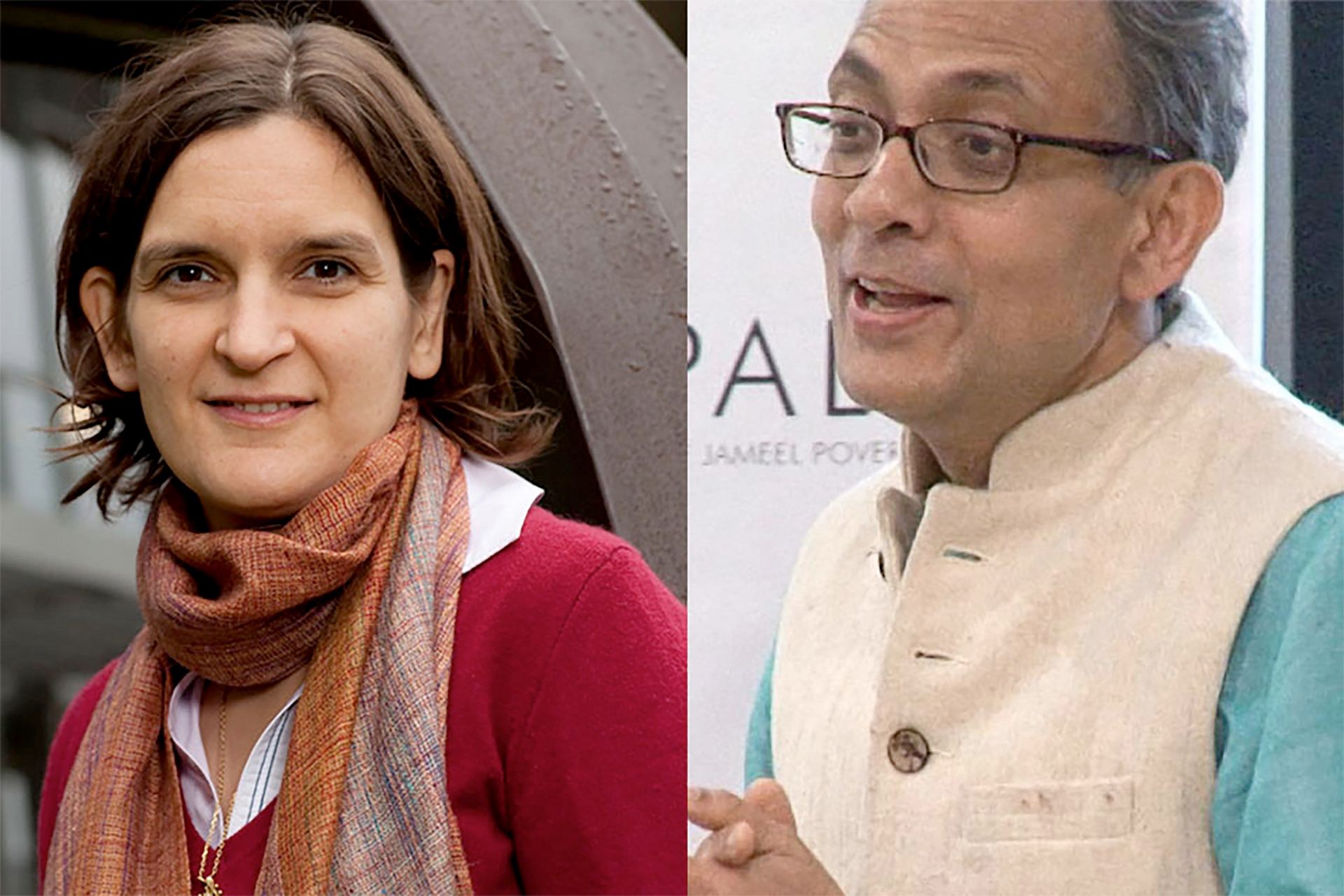 Esther Duflo (i) y Abhijit Banerjee (c), dos de los ganadores del Nobel de 2019 . / EFE