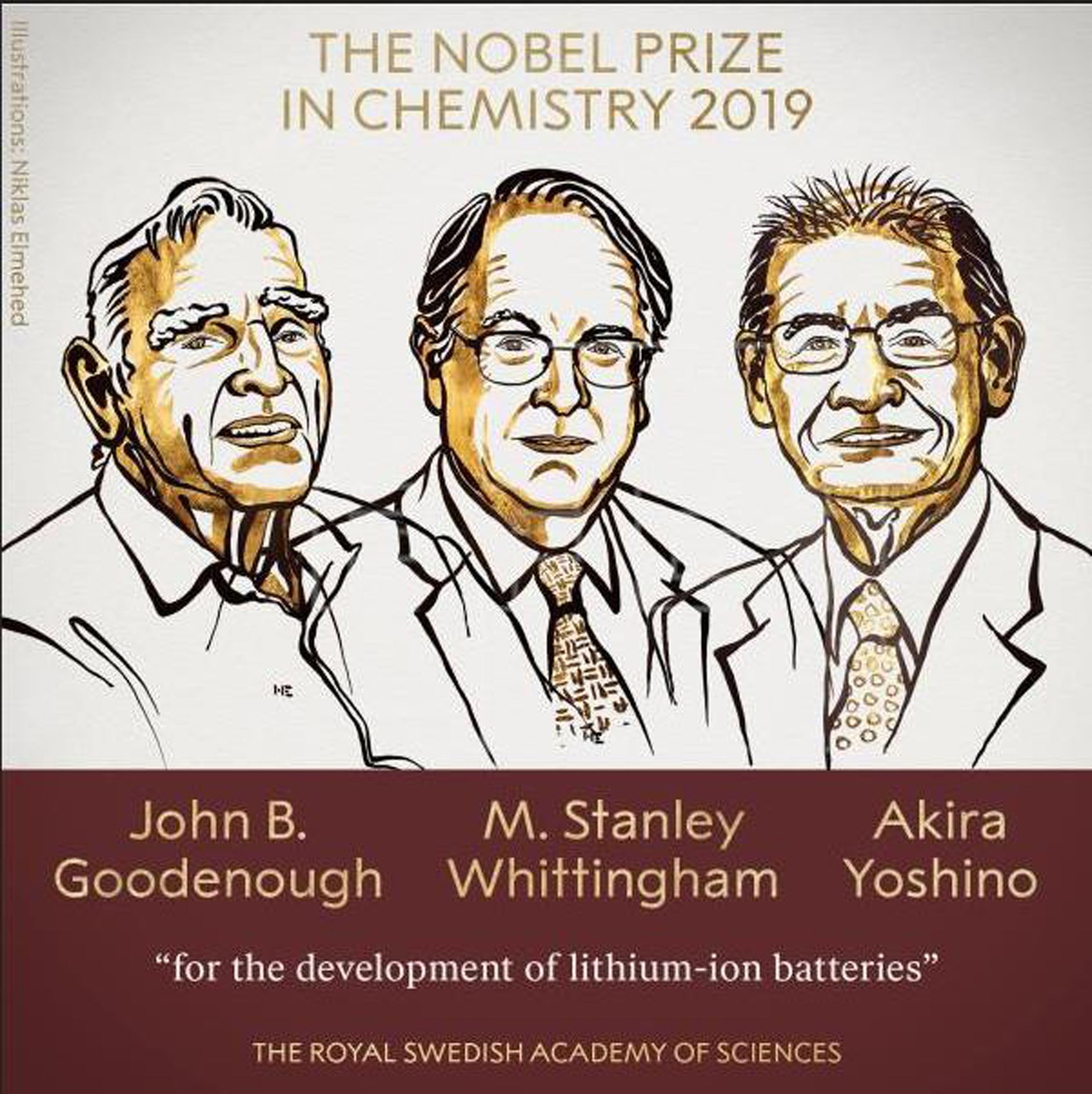 Caricatura de los ganadores del Nobel (izda a dcha) John B. Goodenough, Stanley Whittingham y Akira Yoshino. / EFE