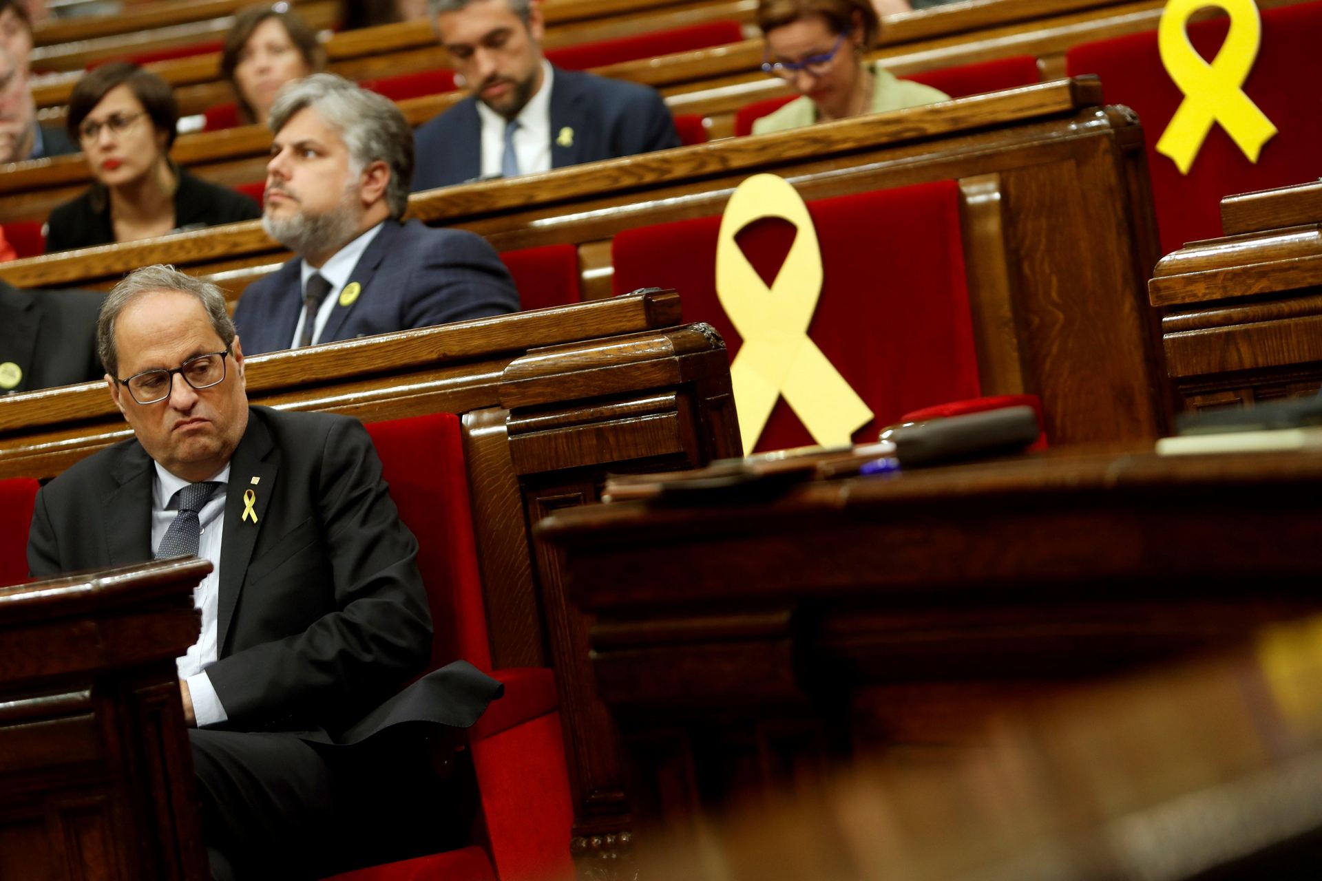 El presidente autonómico de Cataluña, Quim Torra, durante la sesión de control al Ejecutivo en el Parlament. / EFE