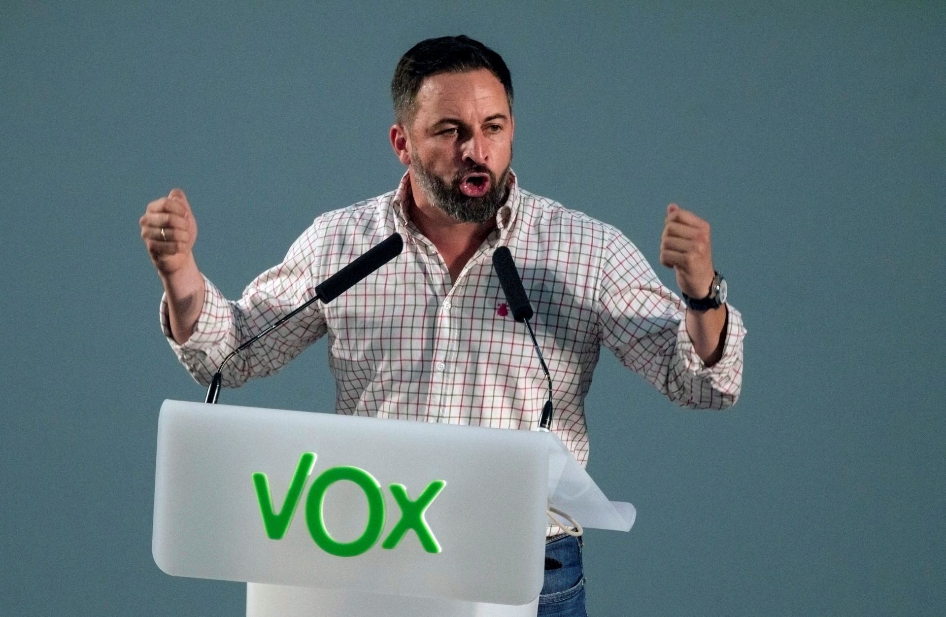 El líder de Vox, Santiago Abascal, durante el acto de su partido en Oviedo. / E.A