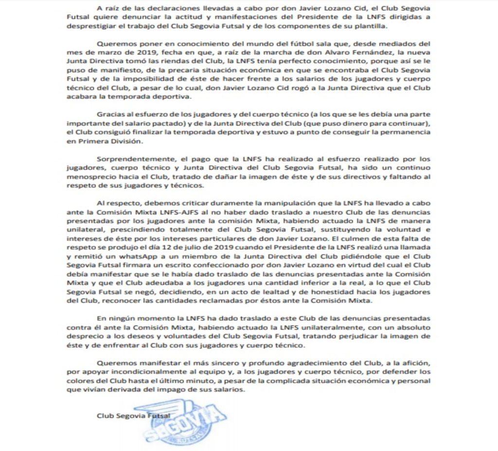 El comunicado 'fantasma' del Segovia Futsal lleva el sello del club 2 5dc594cd8b22b image comunicado