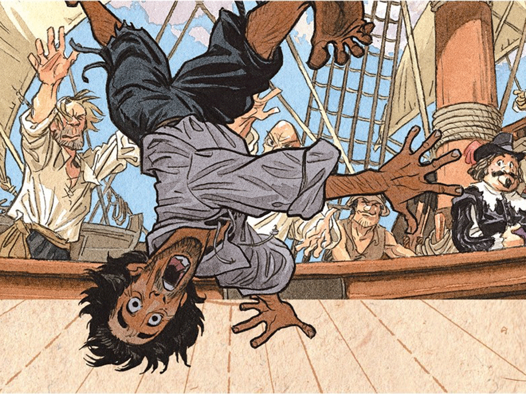 Viñeta de ‘El Buscón de las Indias’, del dibujante Guarnido, en la que don Pablos, es arrojado al mar en la travesía del océano en la que pretende llegar al Nuevo Mundo. / Norma Editorial