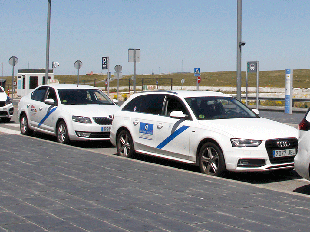 Un grupo de taxis aguarda la llegada de viajeros en la estación de Segovia-Guiomar. / Nerea Llorente
