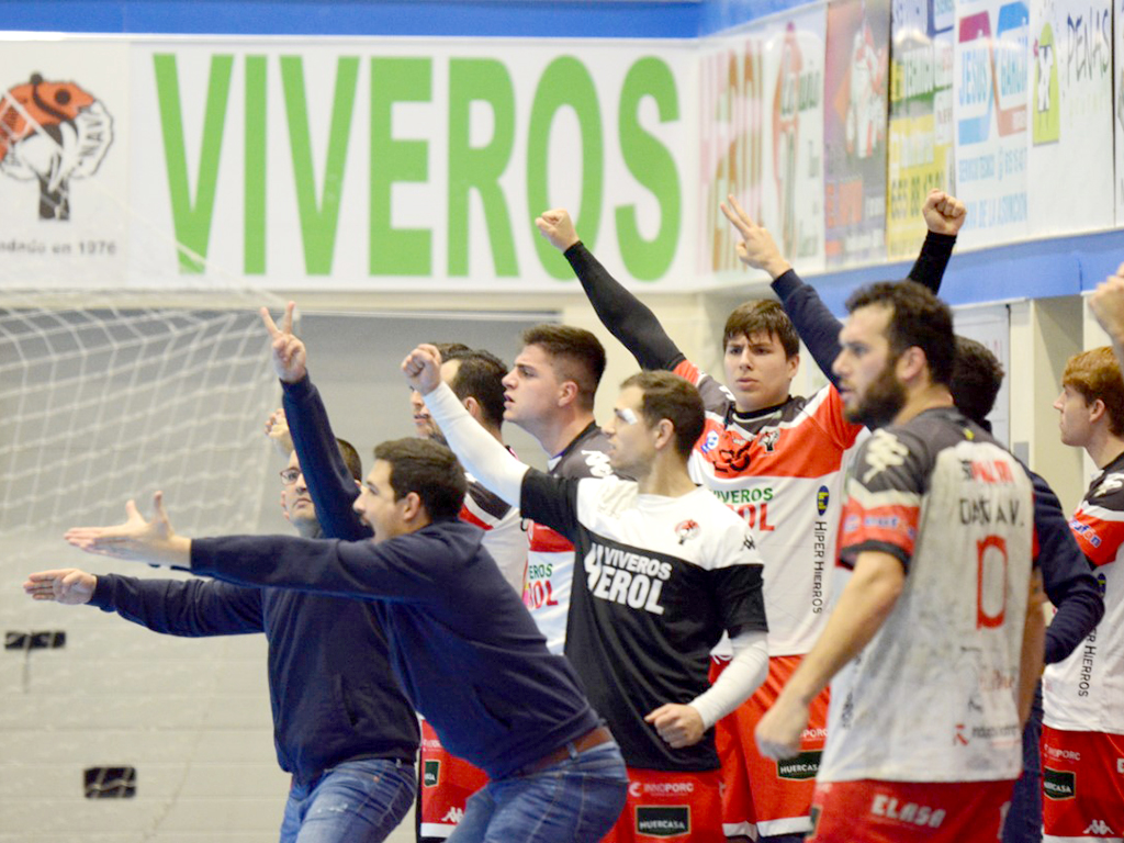 El banquillo del Viveros Herol celebra un gol durante un encuentro disputado en el pabellón municipal de Nava. / AMADOR MARUGÁN