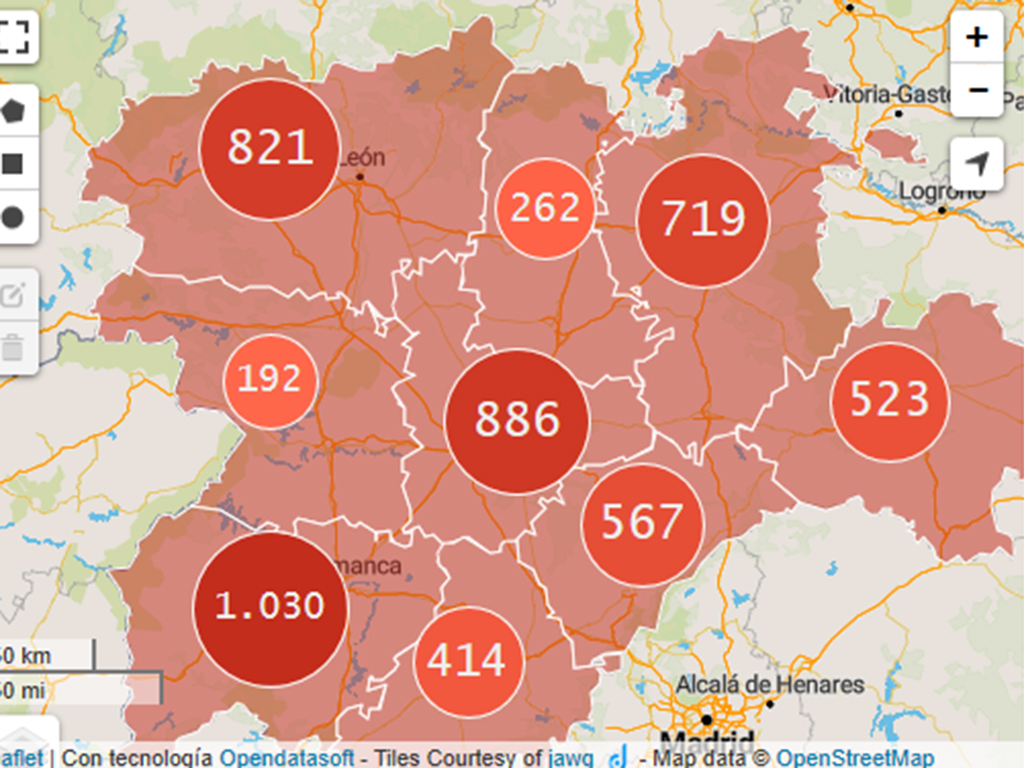 Mapa de casos confirmados según el registro de Sanidad, que no incluye los afectados que hay en residencias de mayores.  / JUNTA DE CASTILLA Y LEÓn