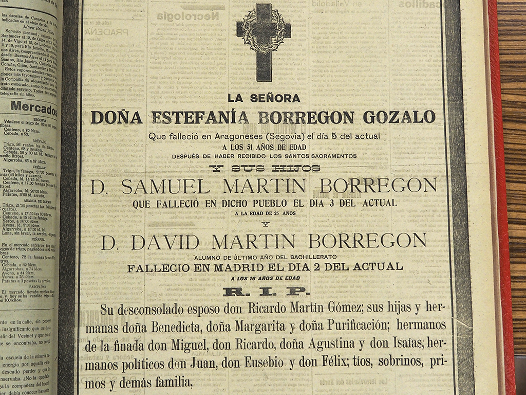 Esquela de tres miembros de una familia que ocupó la portada de El Adelantado el 8 de octubre de 1918. / Nerea LLorente