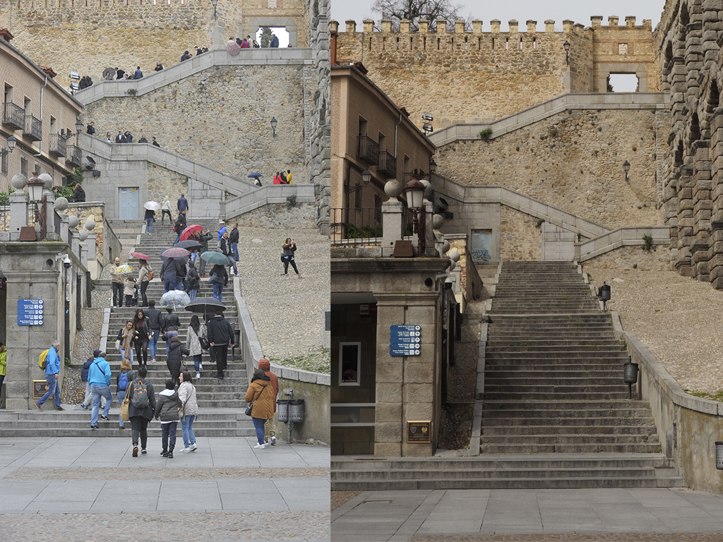 Las escaleras del Postigo abarrotadas de turistas antes del confinamiento y vacías hoy en día. / Kamarero y Nerea Llorente
