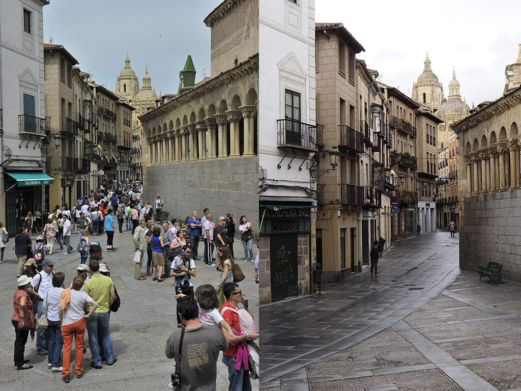 Vistas desde la plaza de San Martín del antes y después del confinamiento. / Kamarero y Nerea Llorente