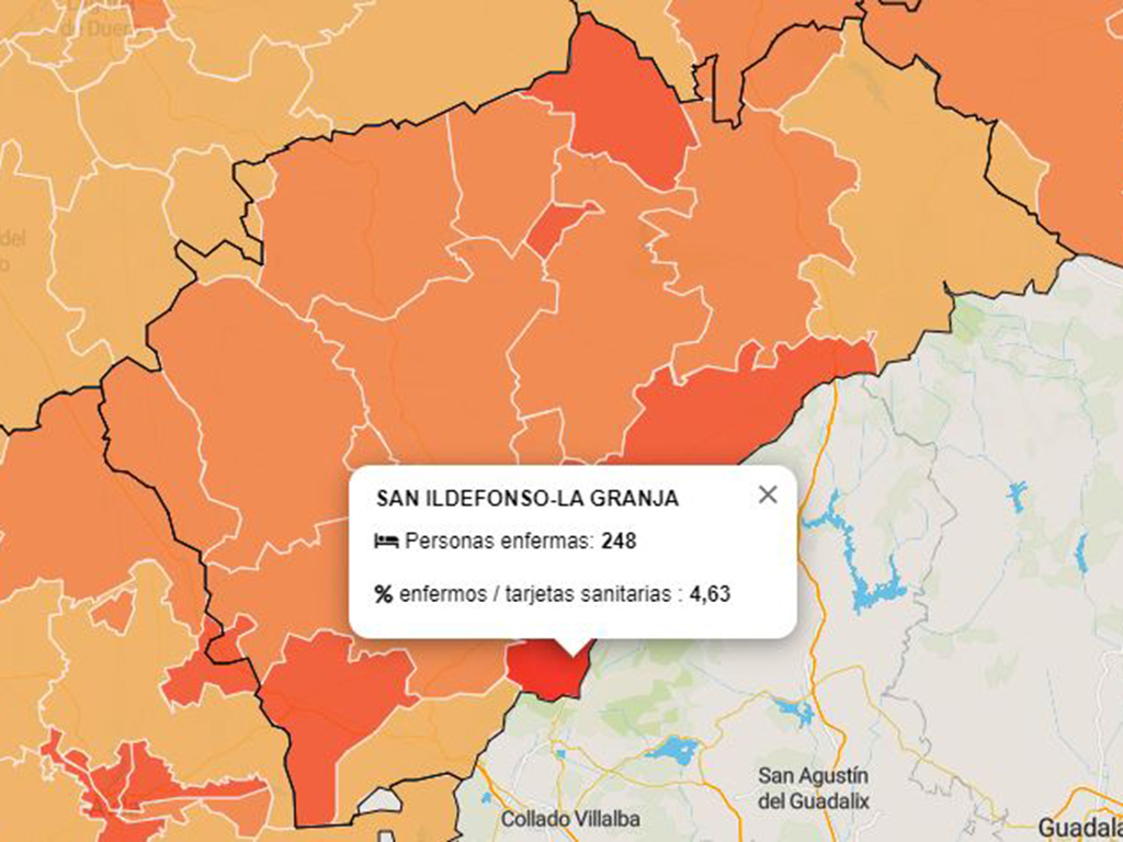 Los colores indican el porcentaje de personas enfermas por número de tarjetas sanitarias en cada zona de salud. / JCYL