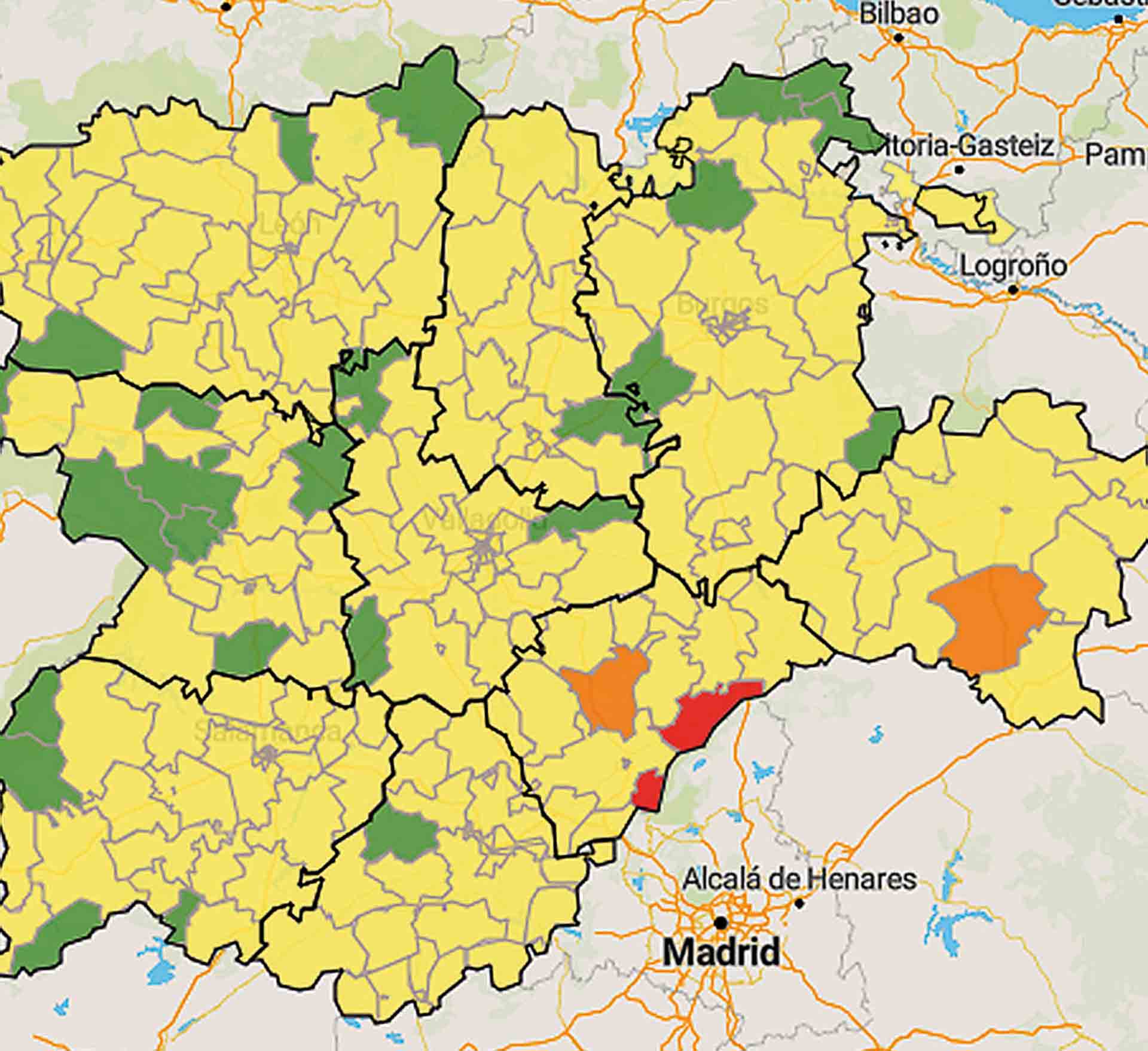 Incidencia de Covid-19 en los últimos 7 días por zonas de salud. /JCYL
