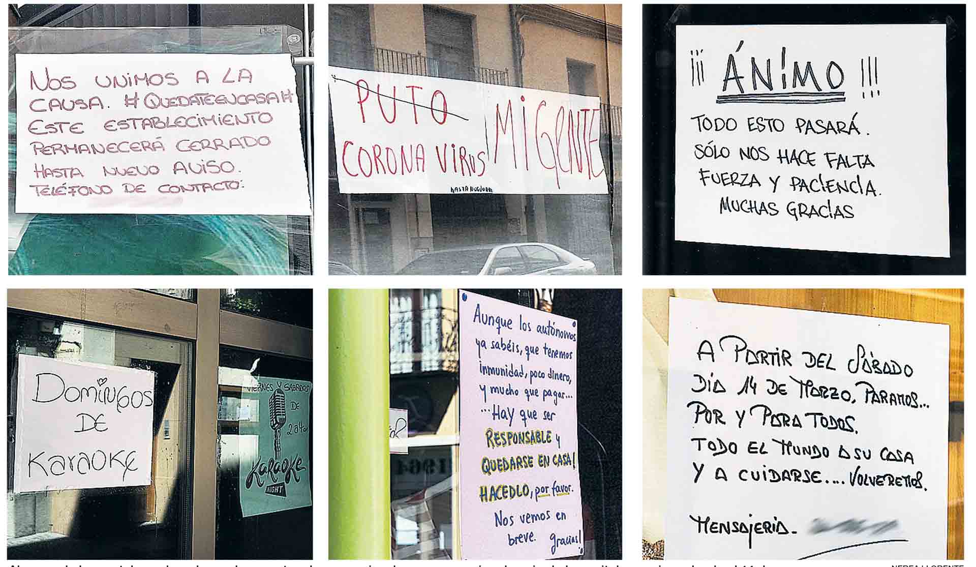 Algunos de los carteles colocados en las puertas de comercios, bares o negocios de ocio de la capital segoviana desde el 14 de marzo. / Nerea LLorente