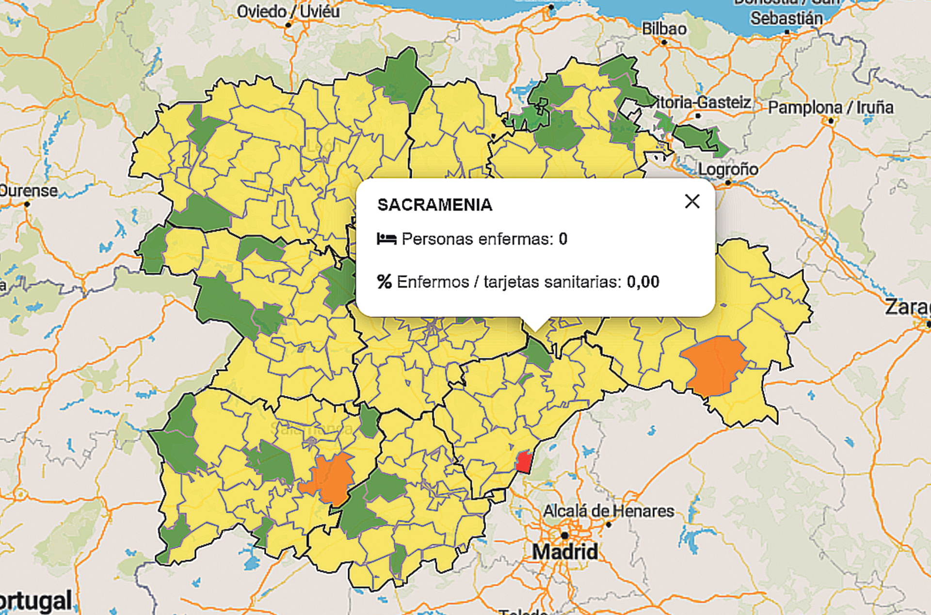 Mapa de incidencia del Covid-19 en los últimos siete días por zonas básicas de salud. /JCYL