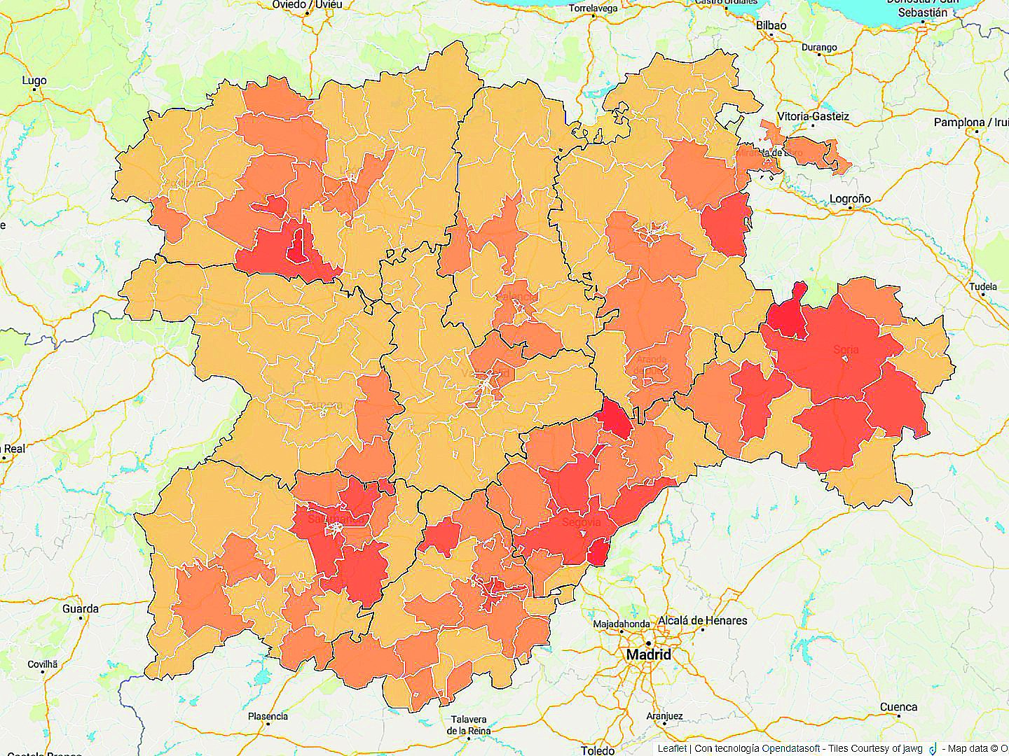 Incidencia de la enfermedad en las distintas áreas de salud de Castilla y León.