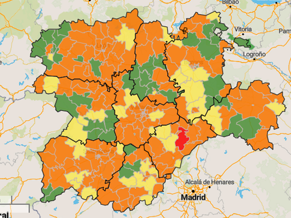 El mapa regional de la incidencia del Covid en la provincia ya no registra ‘zonas verdes’ / JUNTA DE CASTILLA Y LEÓN
