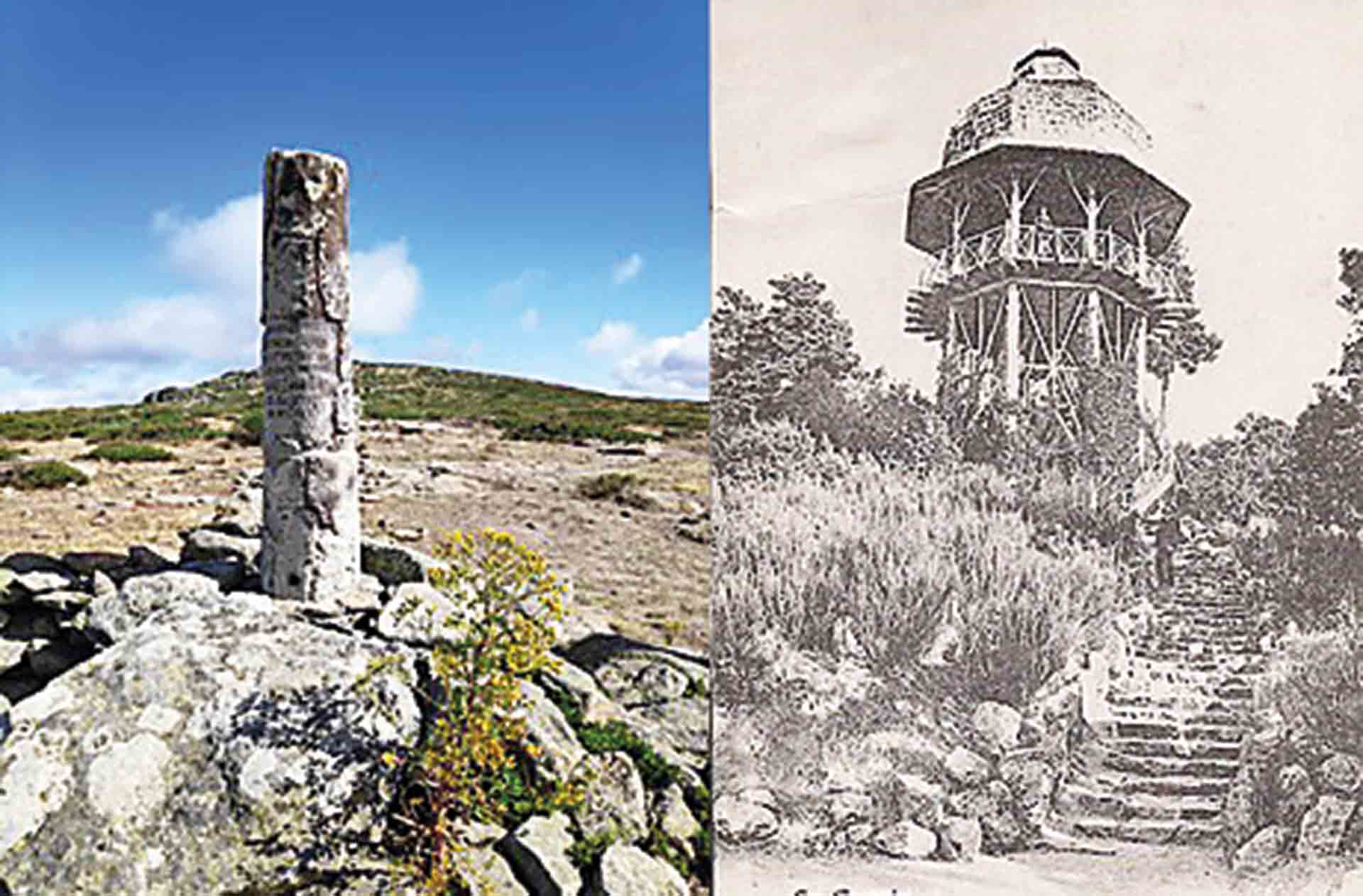 Izq.: Monolito en el Paso del Reventón. Dcha.: Gurugú de los Jardines del Real Sitio.