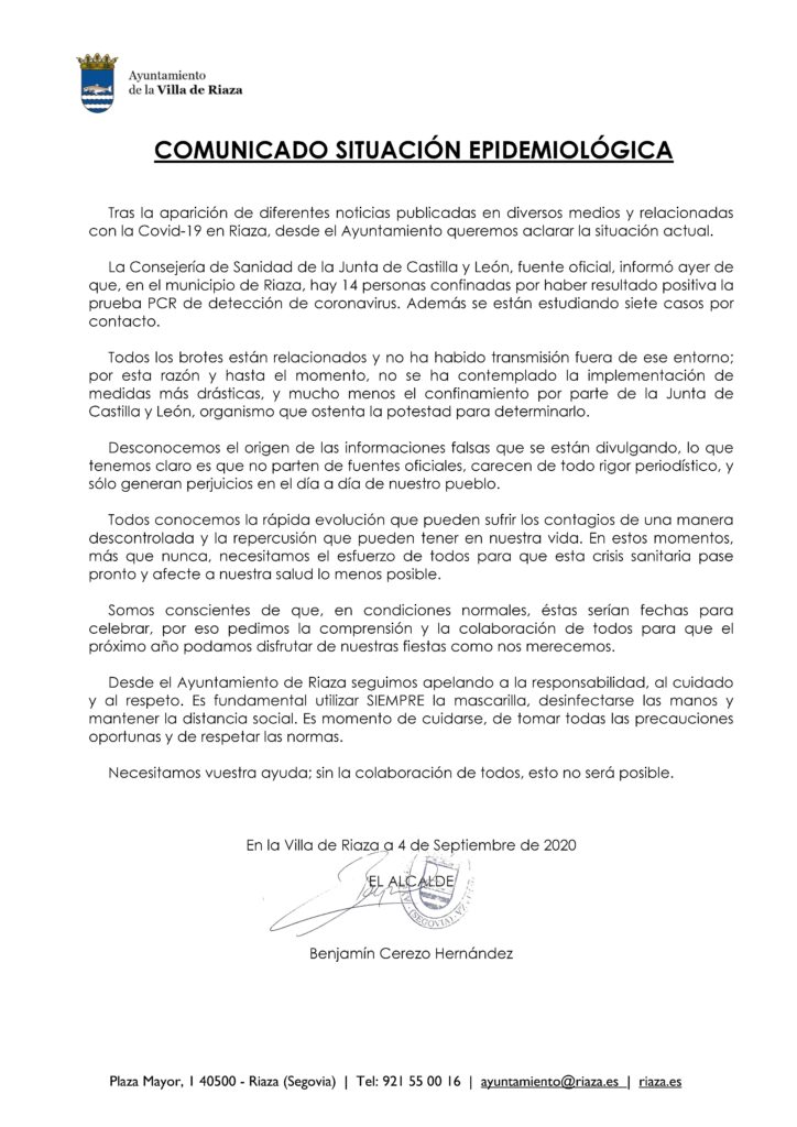 Riaza: "No se ha contemplado la implementación de medidas más drásticas, y mucho menos el confinamiento" 2 comunicado situacion