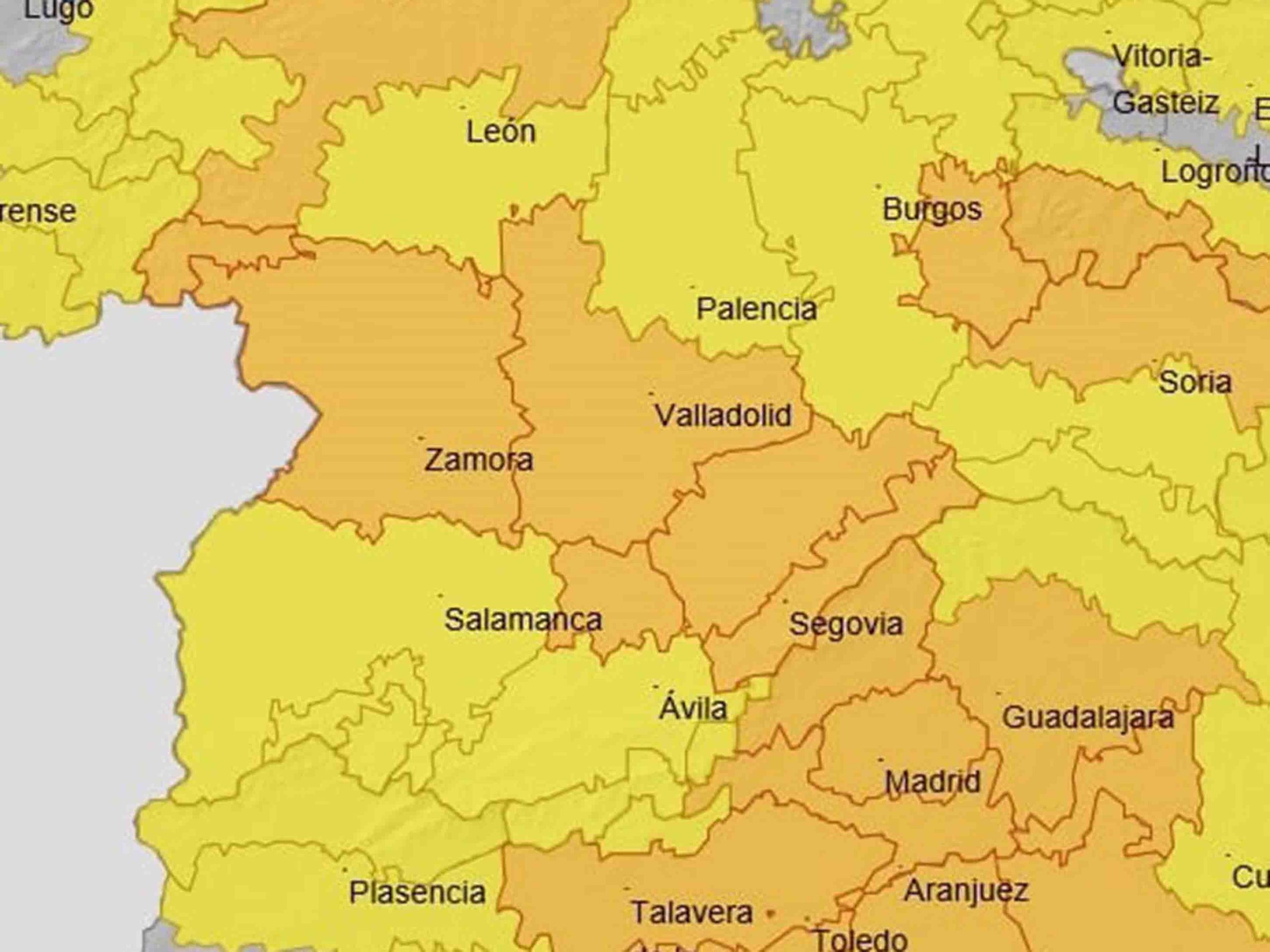 Mapa del aviso Naranja y Amarillo en Castilla y León por fuertes vientos.
DELEG. GBNO. CYL