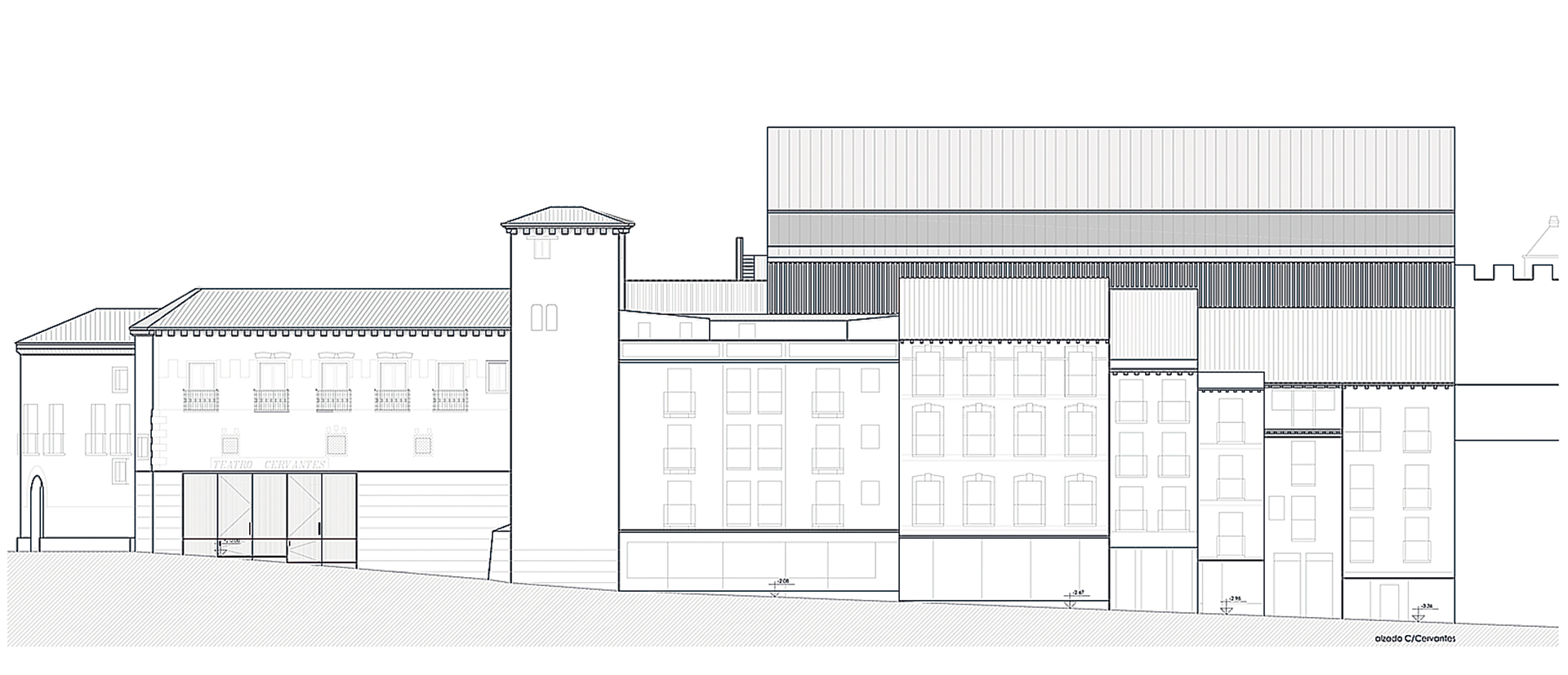 Alzado de la fachada con vistas a la calle Cervantes del proyecto de la UTE Fuster-León-Muñoz-Segovia para la rehabilitación del Teatro Cervantes de Segovia.