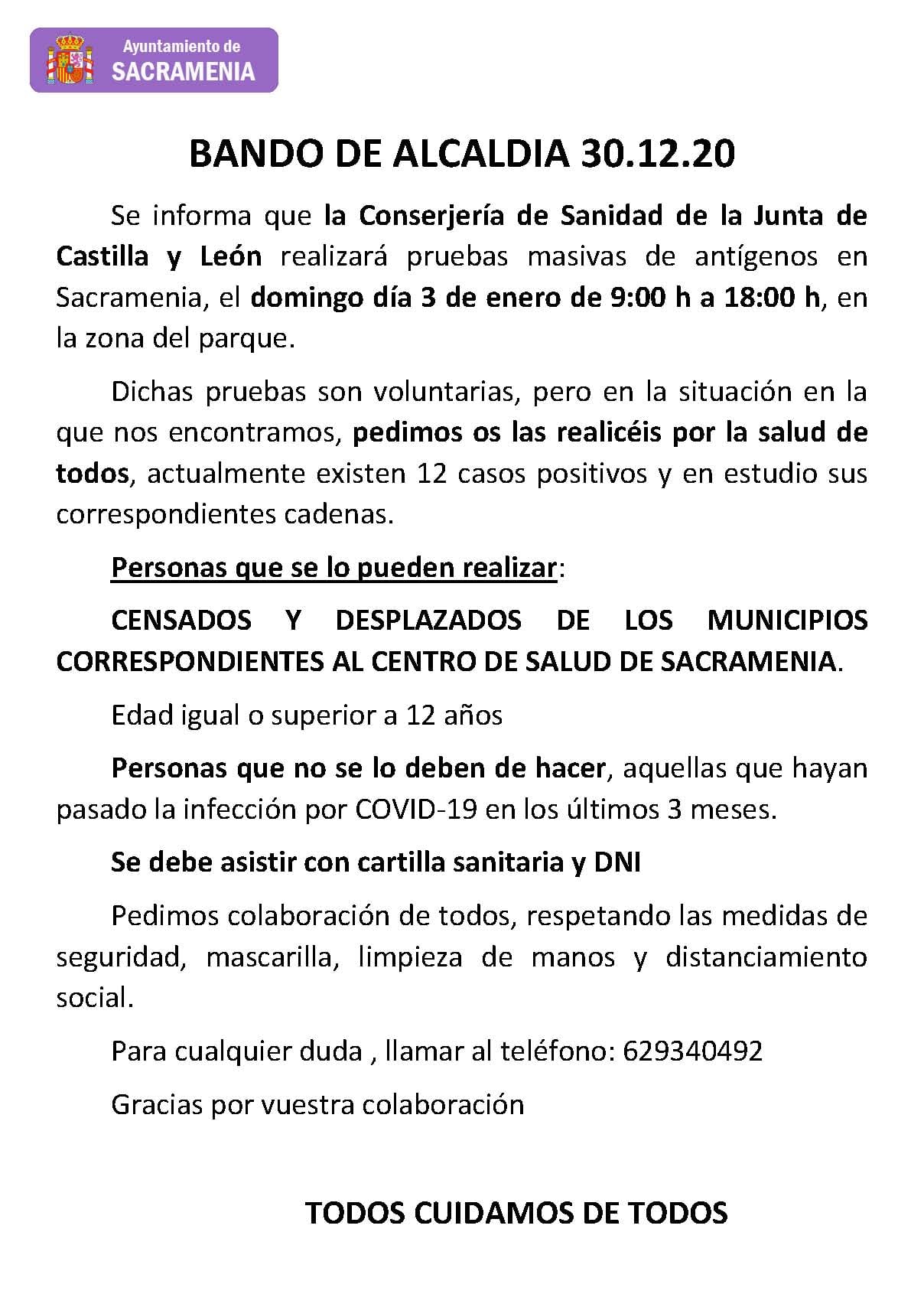 Sanidad realizará un cribado masivo también en Sacramenia este domingo 2 BANDO SACRAMENIA 30/12/20